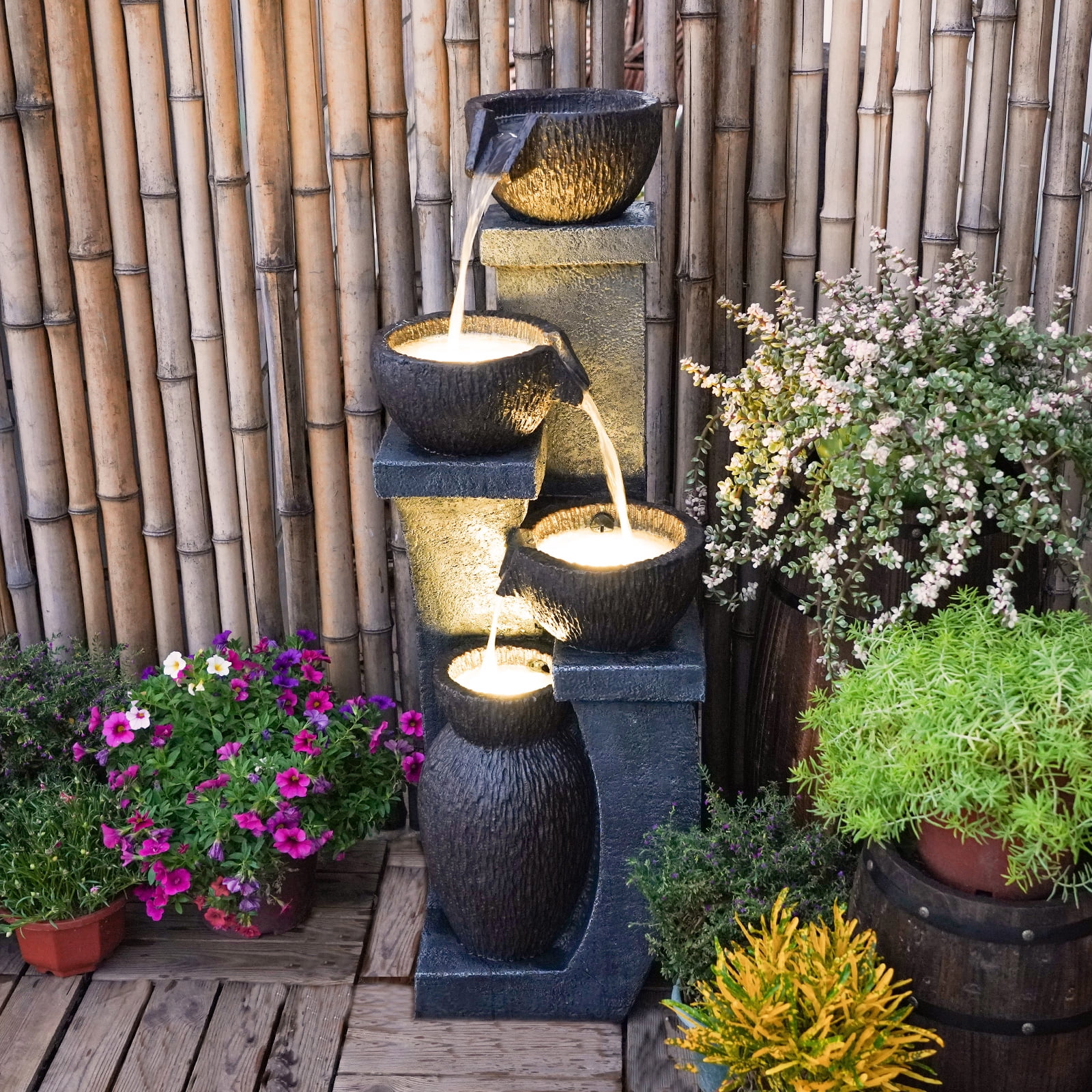 Outdoor Water Garden Fountain 37.40����H Waterfall Small Fountains Cascading Bowl and Jar Water Feature with LED Light for Backyard Patio Porch and Home Art Decor