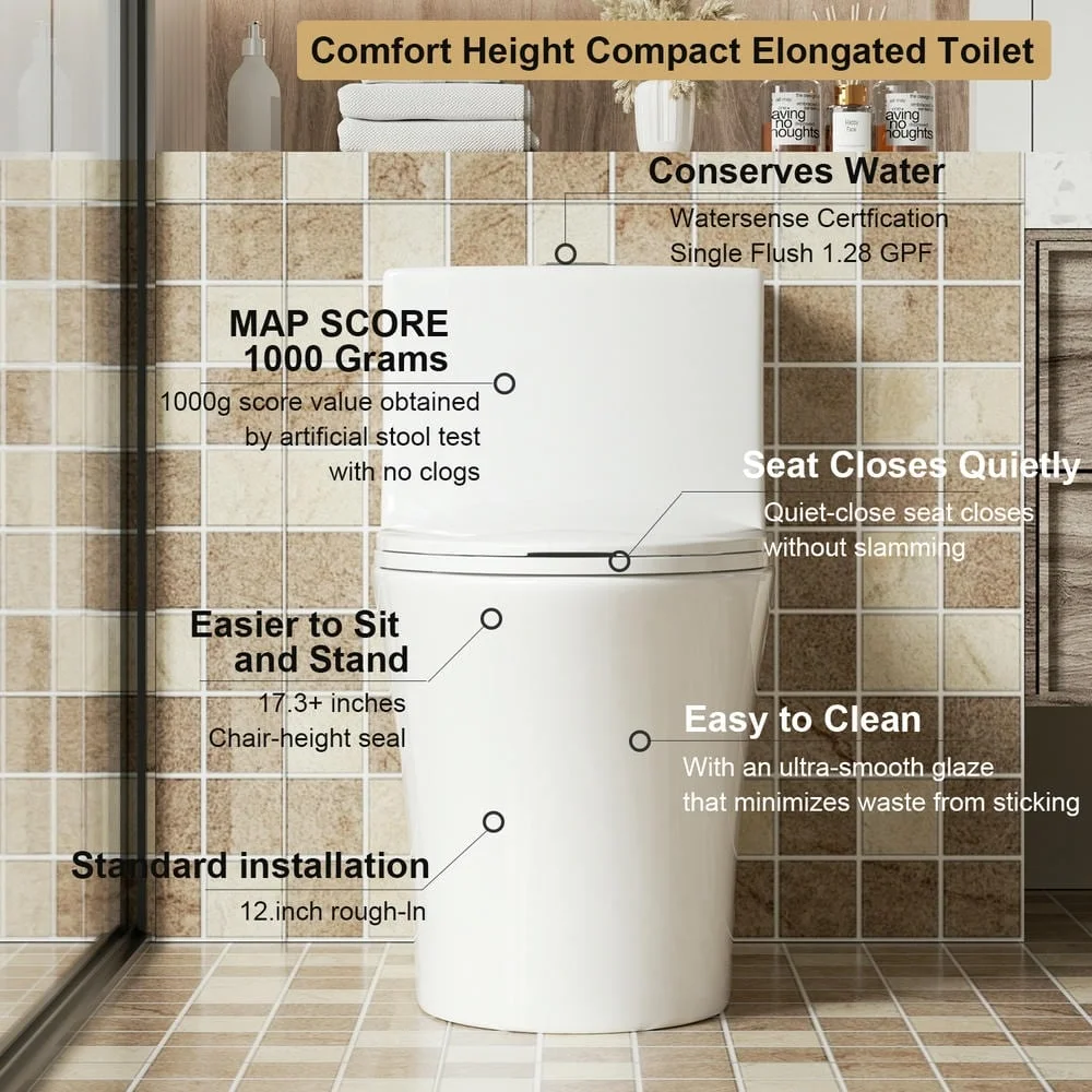 Spaco 1.1/1.6 GPF Dual Flush One-Piece Toilet, Button on Tank top S-trap 12 inches, Elongated Bowl with Soft Close Seat, Water-Saving MAP 1000g, Comfort Chair Seat ADA Height, Light Gray