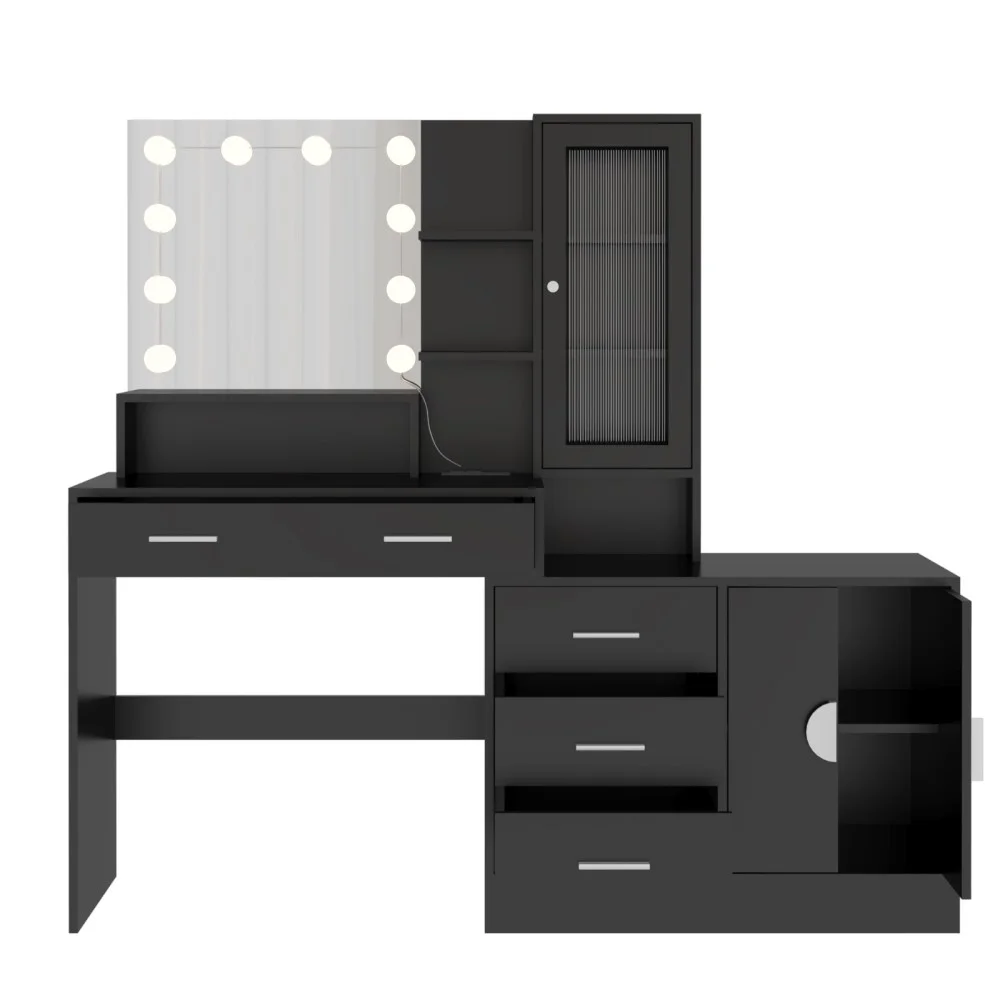 IVV Vanity Desk with Lighted Mirror and Charging Station, Makeup Dressing Table with 5 Drawers and Storage Cabinet, 10 LED Bulbs, 3-Color Lighting Modes, Brightness Adjustable, Black
