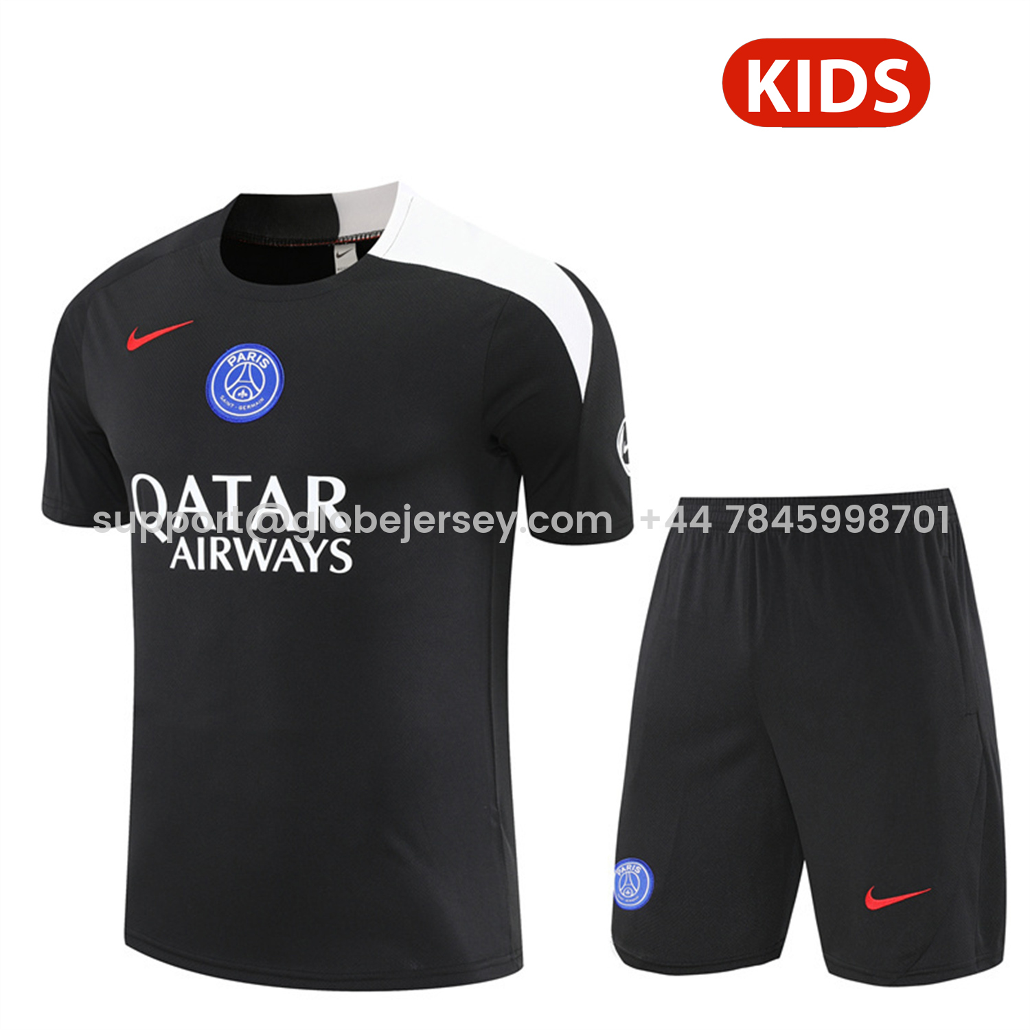 Paris Saint-Germain PSG 25-26 Kids Short-Sleeve Training Set - White Edge Black Top & Black Shorts