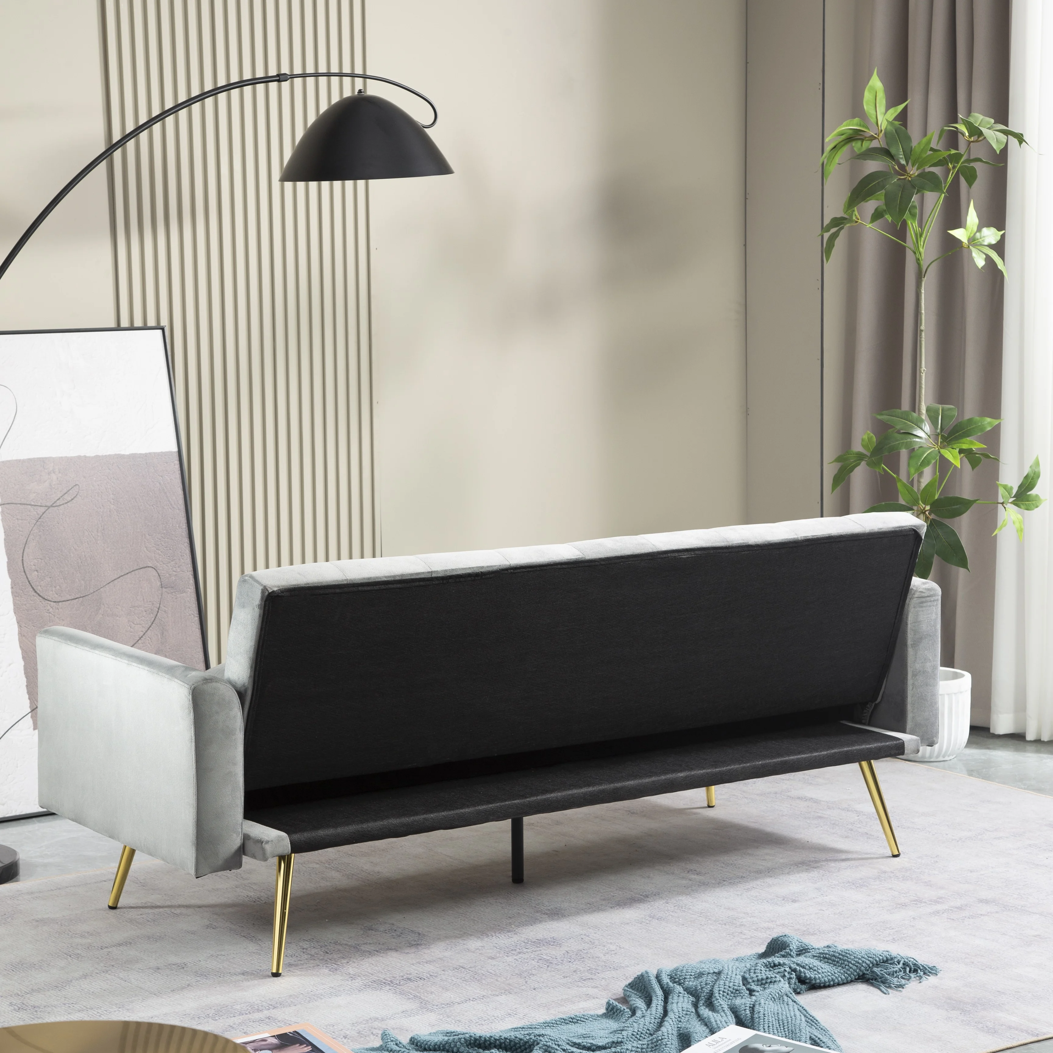 71 Inches Velvet Futon Sofa Bed with 2 Pillows,Modern Convertible Futon Couch with Adjustable Backrest,Gray