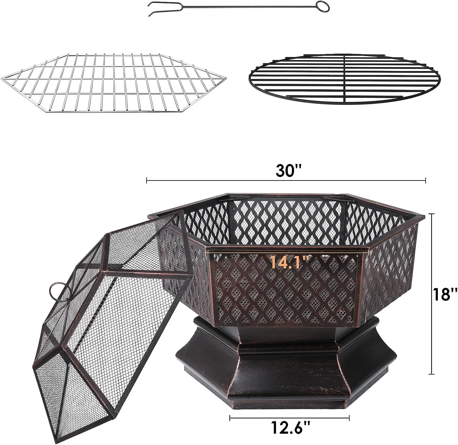 Arlopu 30'' Hex Shaped Steel Fire Pit for Outside, Wood Burning Fireplace Fire Bowl with Spark Screen & Fire Poker for Patio, Backyard, Camping