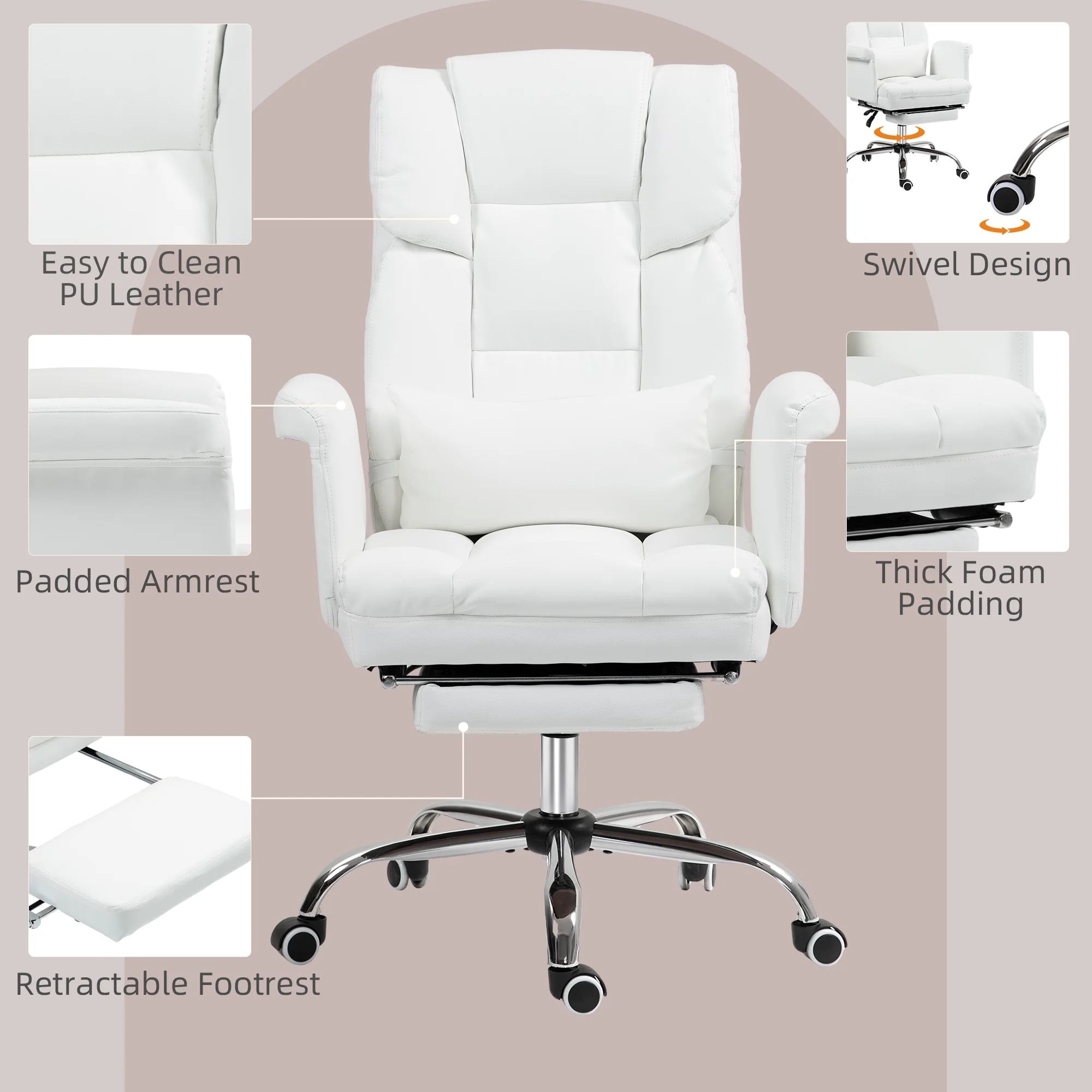HOMCOM Executive Office Chair with Footrest and Lumbar Support, PU Leather Office Desk Chair, Ergonomic, Reclining and Swivel Chair, Black