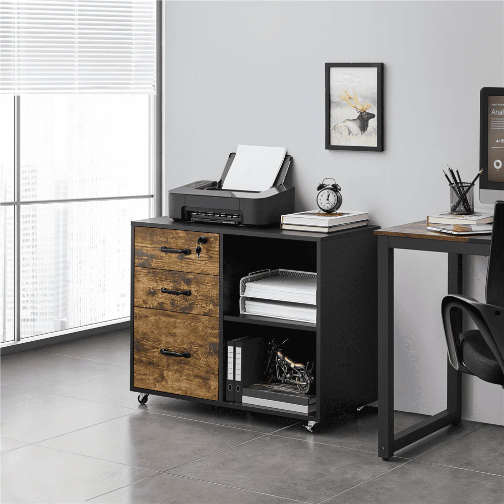 Smile Mart Rolling File Cabinet with 3 Drawers, Black/Rustic Brown
