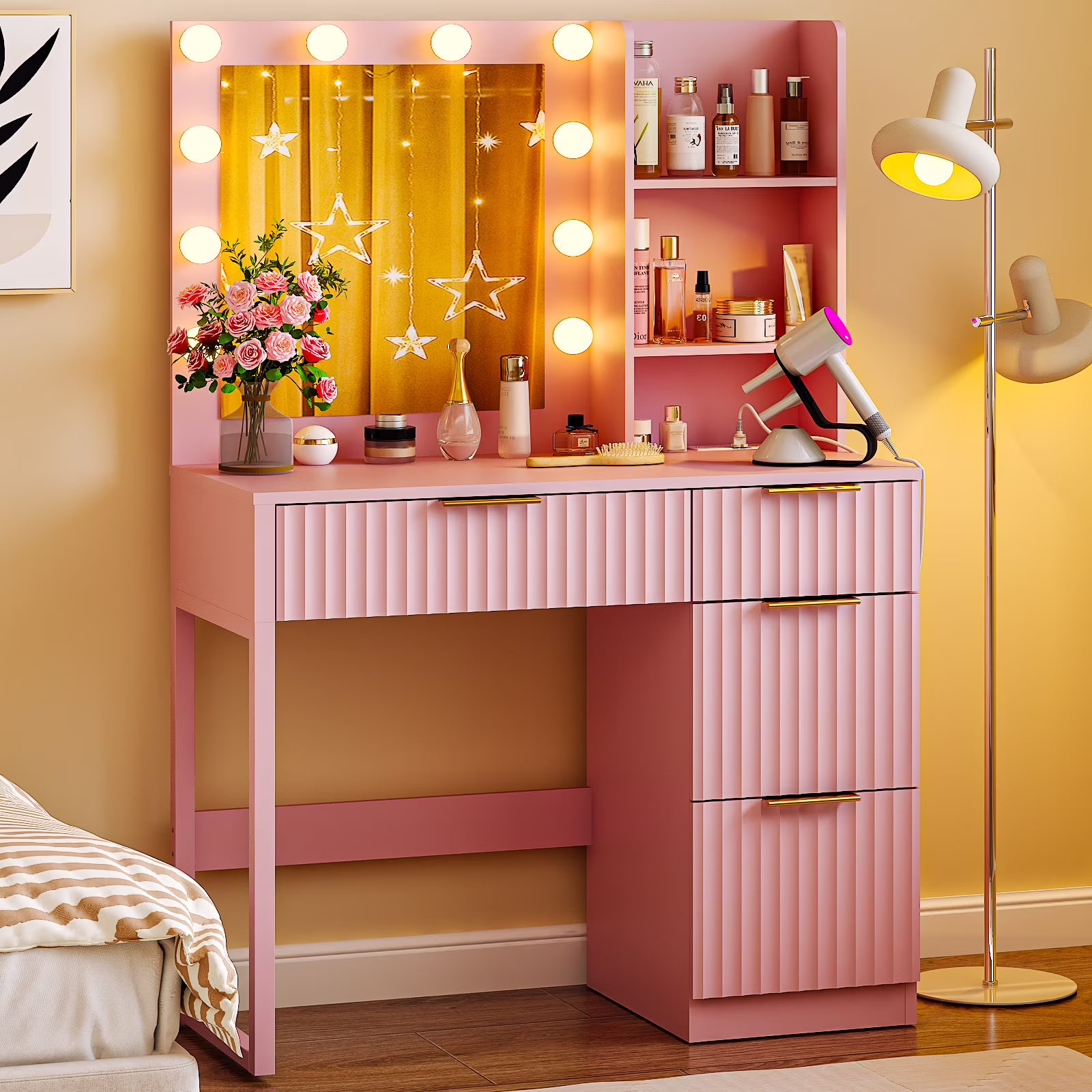 Ktaxon Vanity Set with 3 Color Lighted Mirror, Makeup Table with 3 Storage Shelves & Drawers, Dressing Table Makeup Desk with Stool,White