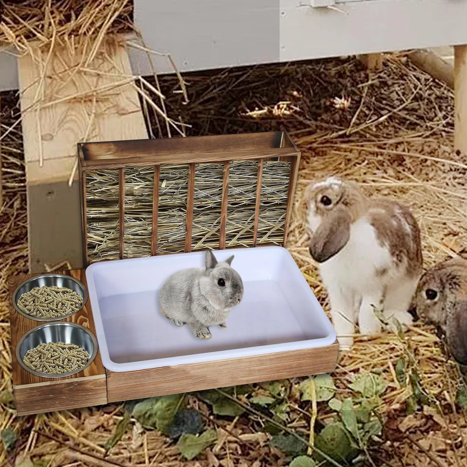 oshhni Rabbit Hay Feeder with 2 Bowls and Litter Box Cage Accessories Hay Container