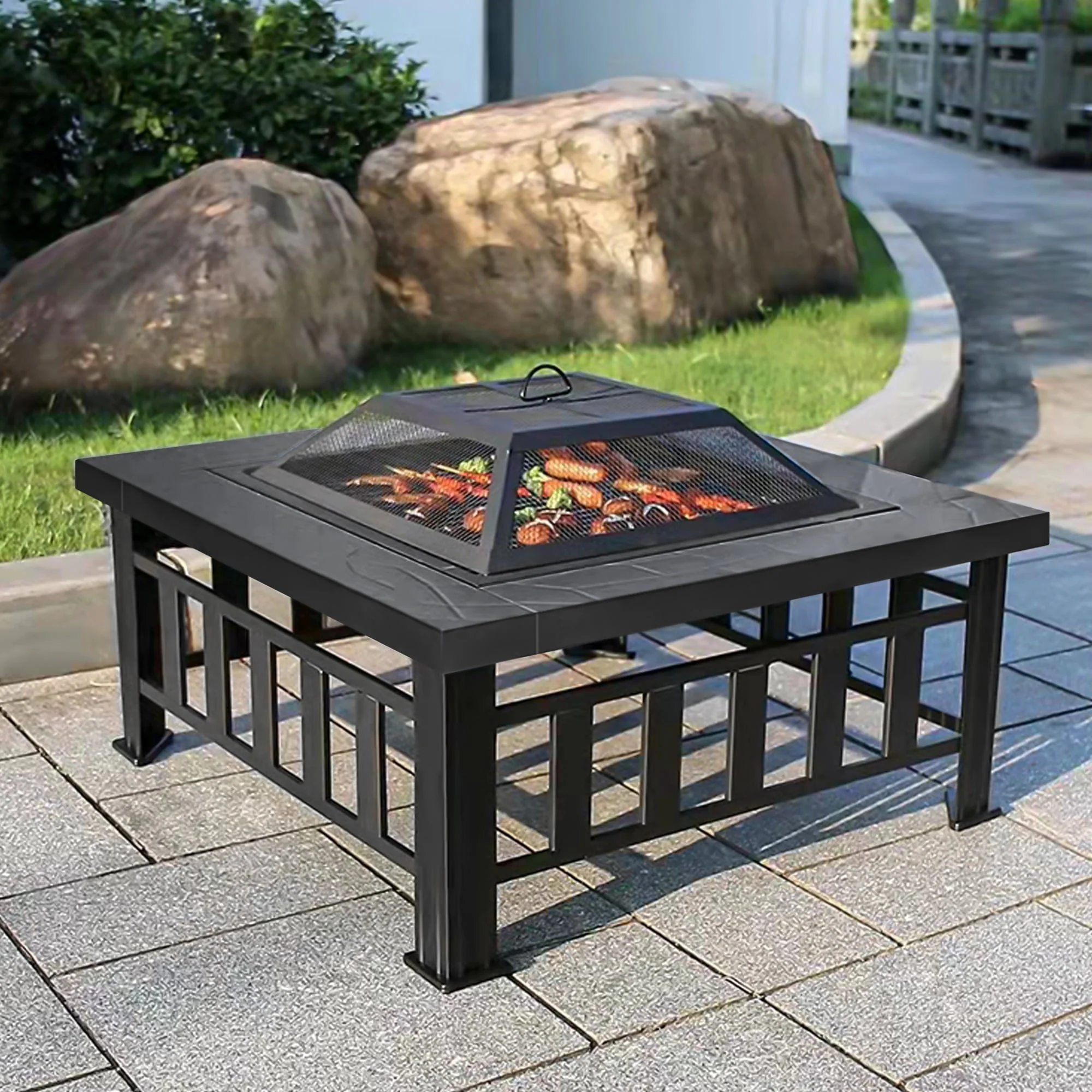 Metal Fire Pit for Outside, 32'' Stone Finish Fire Pit Table, Wood Burning Outdoor Firepit with Fire Bowl, Mesh Screen Lid, Poker