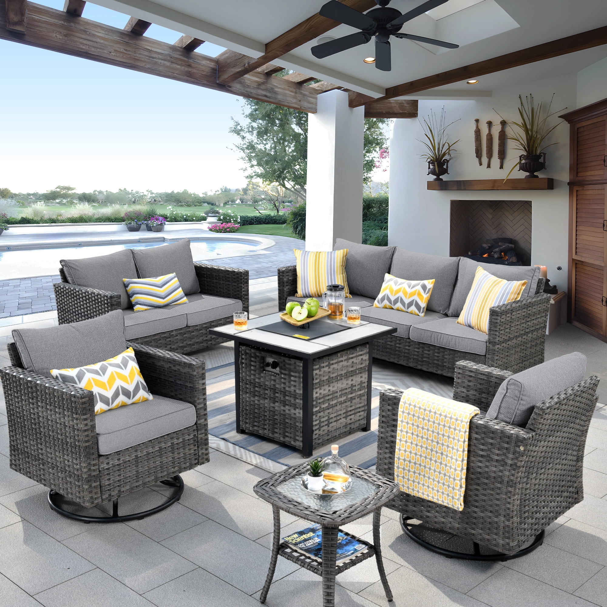 Ovios 6 Pieces Outdoor Patio Furniture Set with Gas Propane Fire Pit Table Wicker Outdoor Conversation Set with Swivel Rocking Chair for Backyard, Cushion Beige