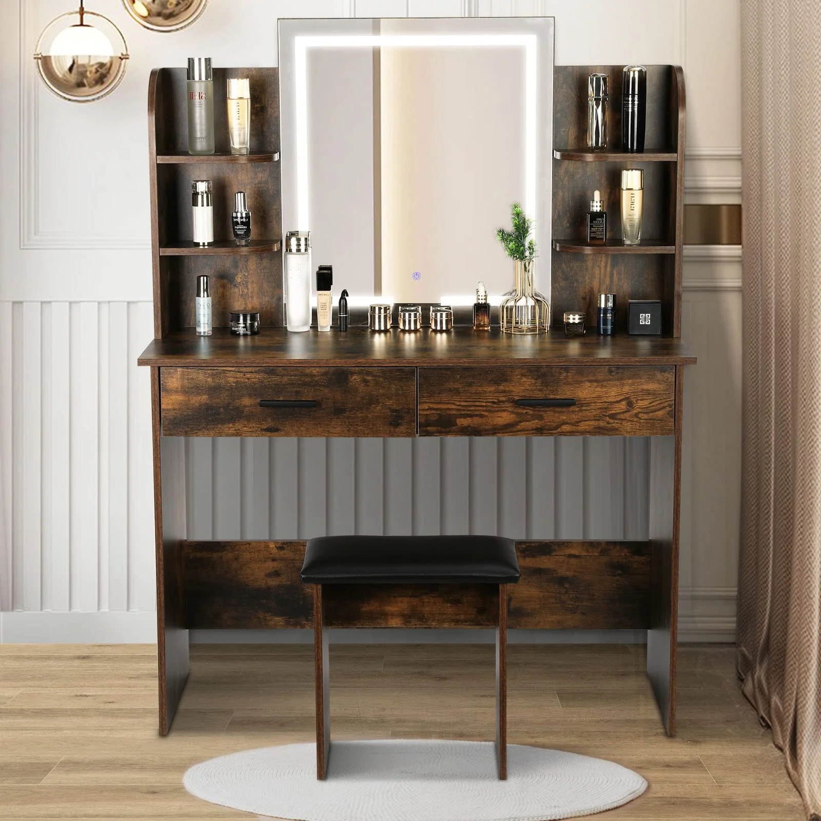 RichYa Modern Makeup Vanity Set with Lights Mirror and Drawers,White Makeup Desk,Dressing Table