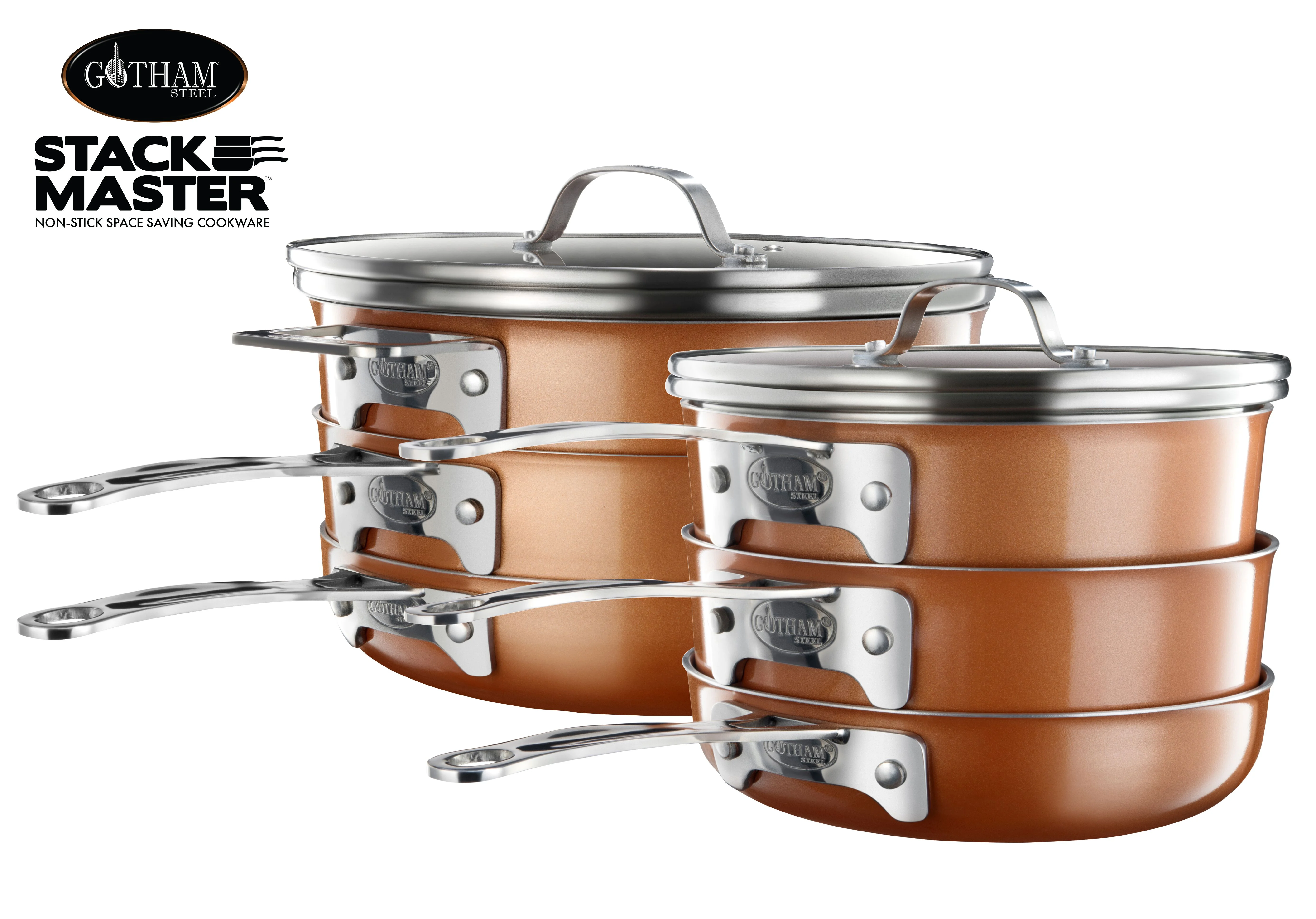 Gotham Steel Stackmaster 5 Piece Stackable Ultra Nonstick Pots and Pans Set with Glass Lids, Dishwasher Safe, Oven Safe - As Seen on TV