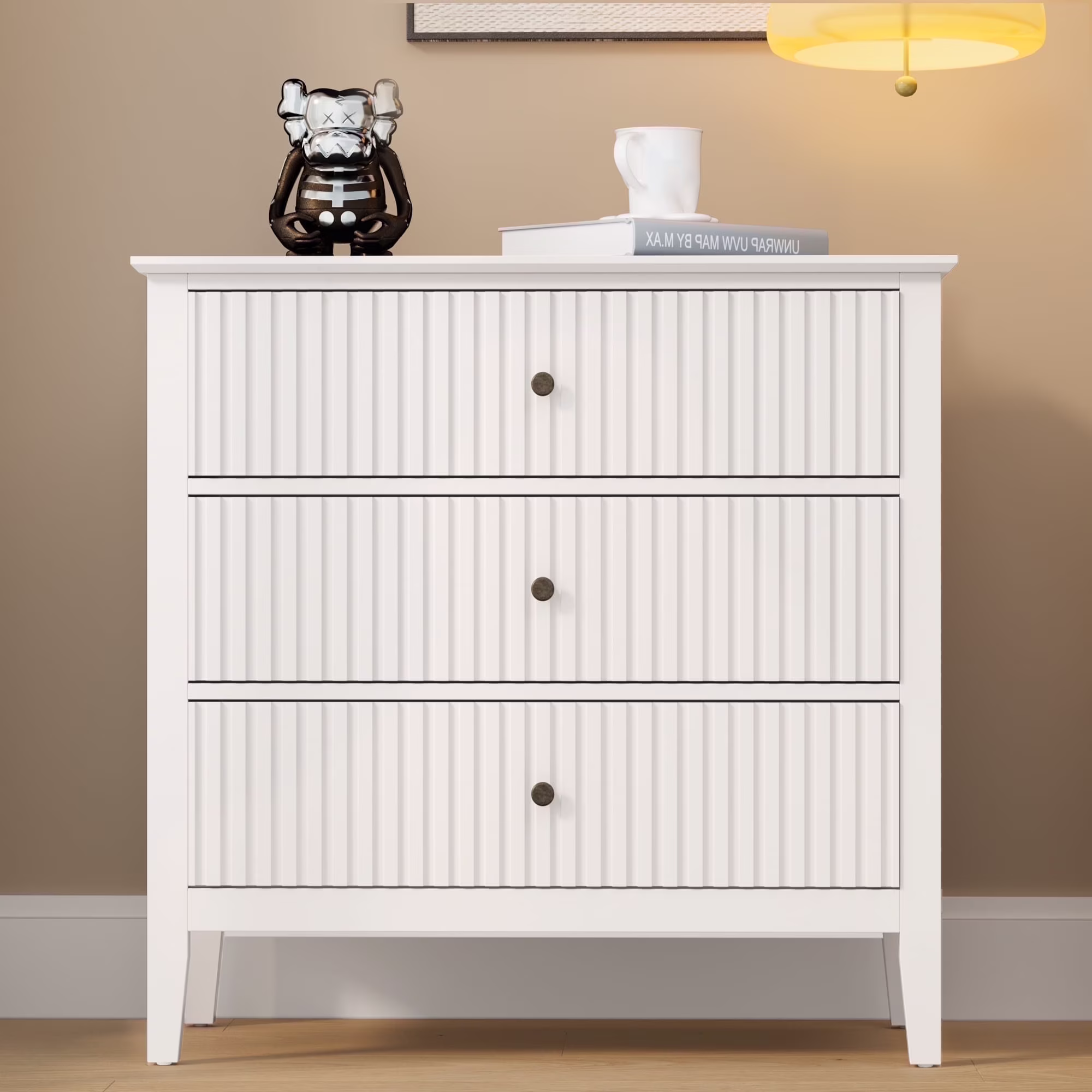 May Color Large White 3 Drawer Dresser Set of 2 with Fluted Panel, Modern Chest of Drawers with Silent Slide Drawers, Wood Accent Nightstand with Storage for Bedroom Living Room, Hallway