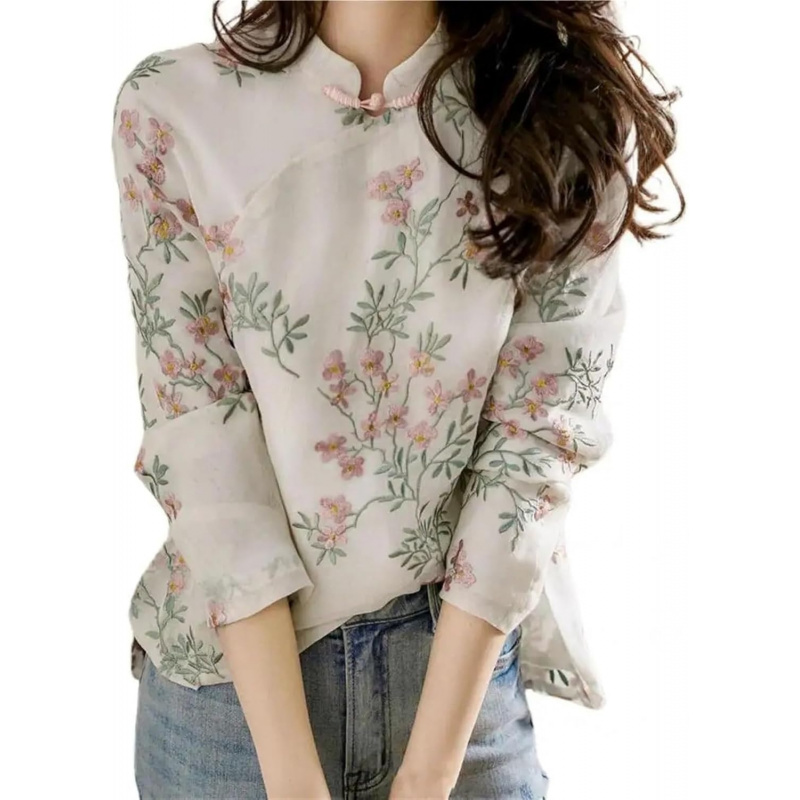 Soft Women's Blouse Shirt Chinese Style Long Sleeve Cheongsam Shirt All Match