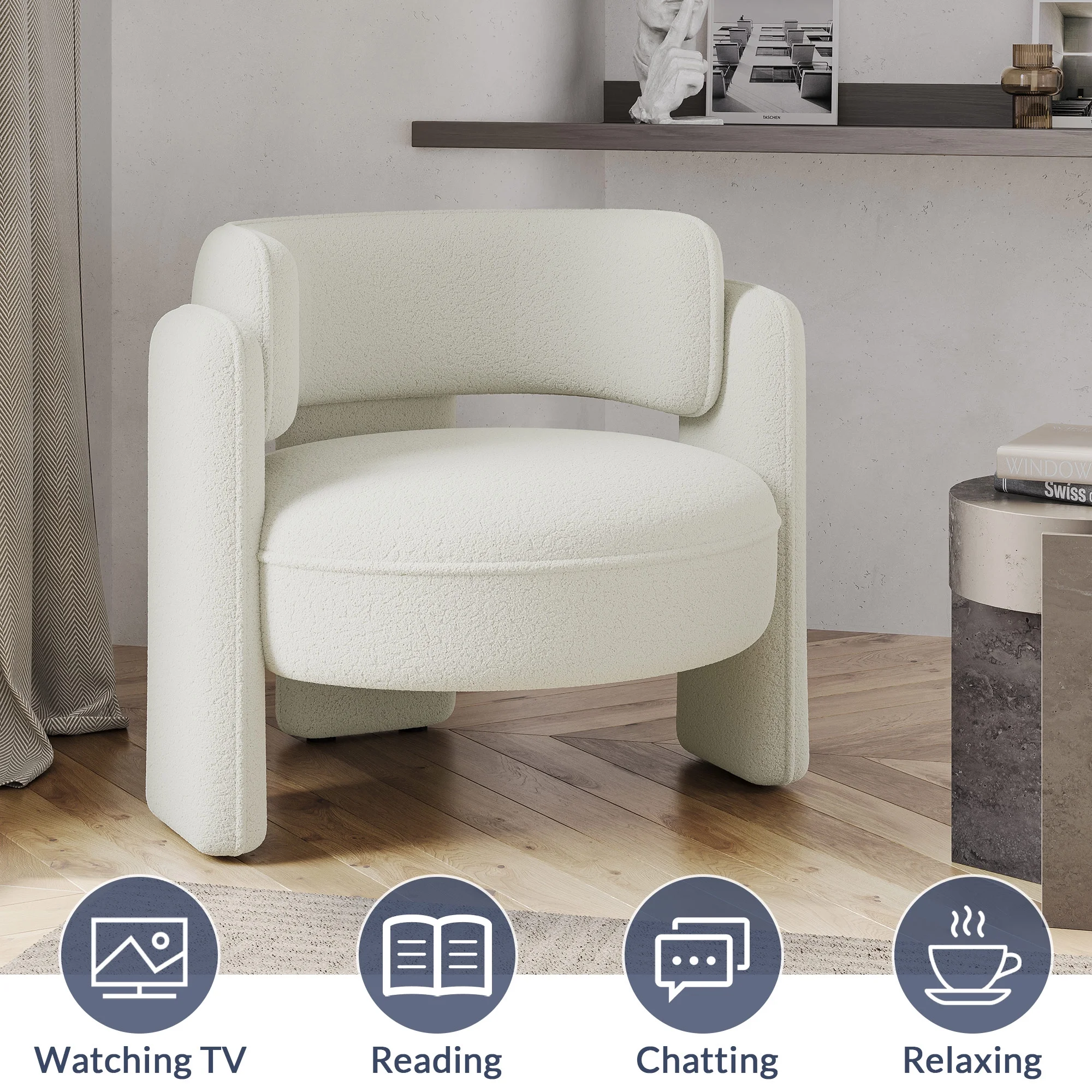 BELLEZE Sherpa Boucle Chair, Modern Barrel Accent Chair Comfy Round Upholstered Armchair Accent Side Chair for Living Room, Bedrooms, Corner - Quinton��White��