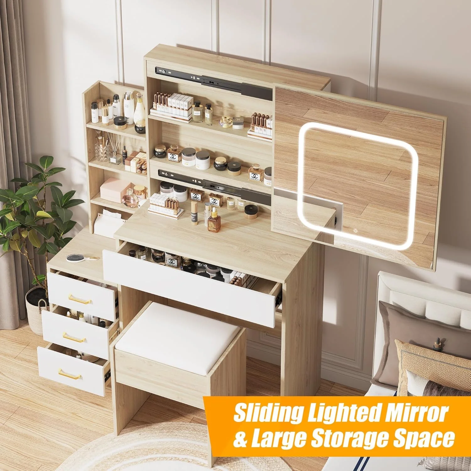 Vanity Desk with Sliding Mirror and Lights, Makeup Vanity Set with Power Outlet, 4 Drawers, Stool, Open Shelves, 3 Color Lighting Modes, Brightness Adjustable, Makeup Dressing Table for Bedroom