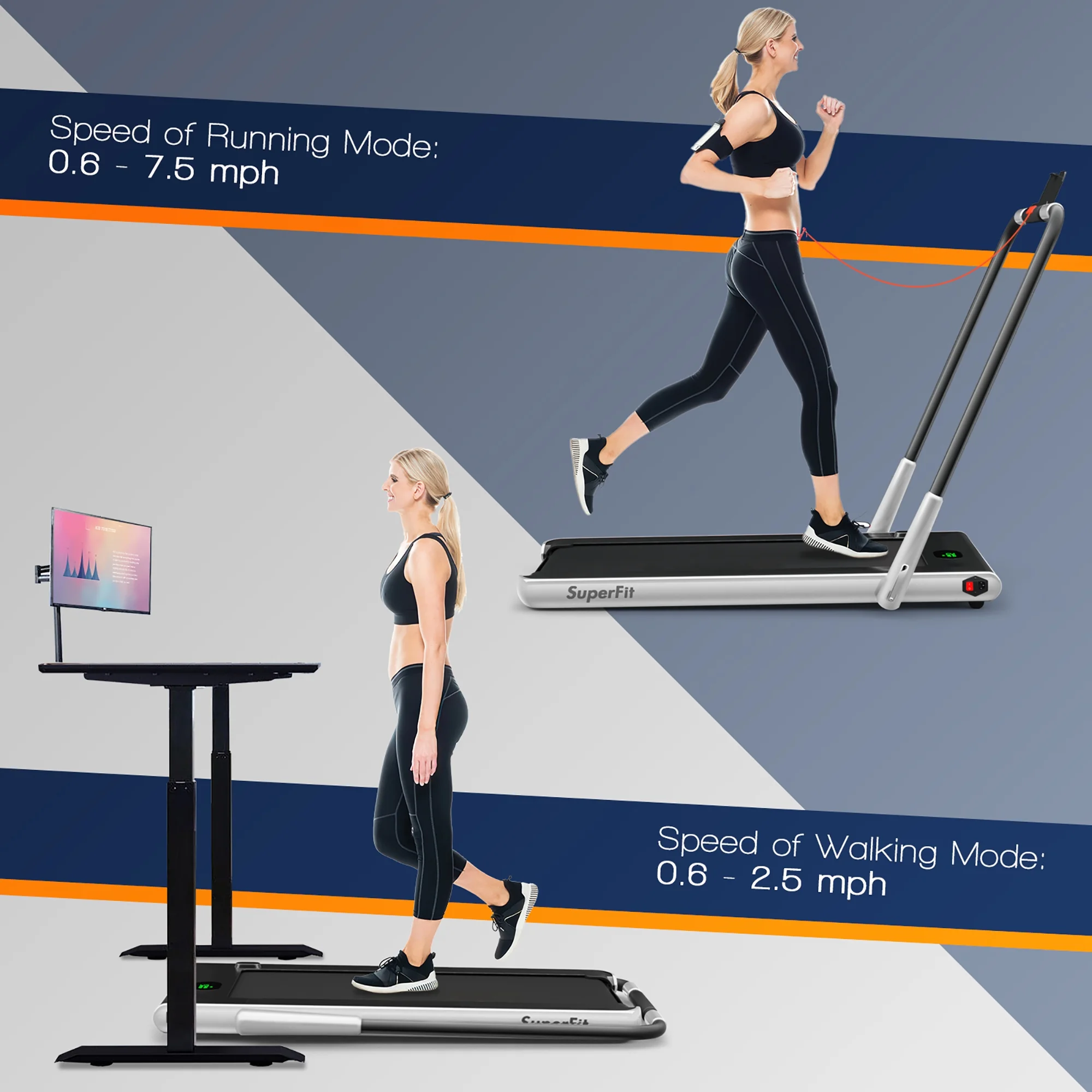 SuperFit Up To 7.5MPH 2.25HP 2-in-1 Folding Under Desk Treadmill W/Speaker Controller APP, Single Display Screen Silver