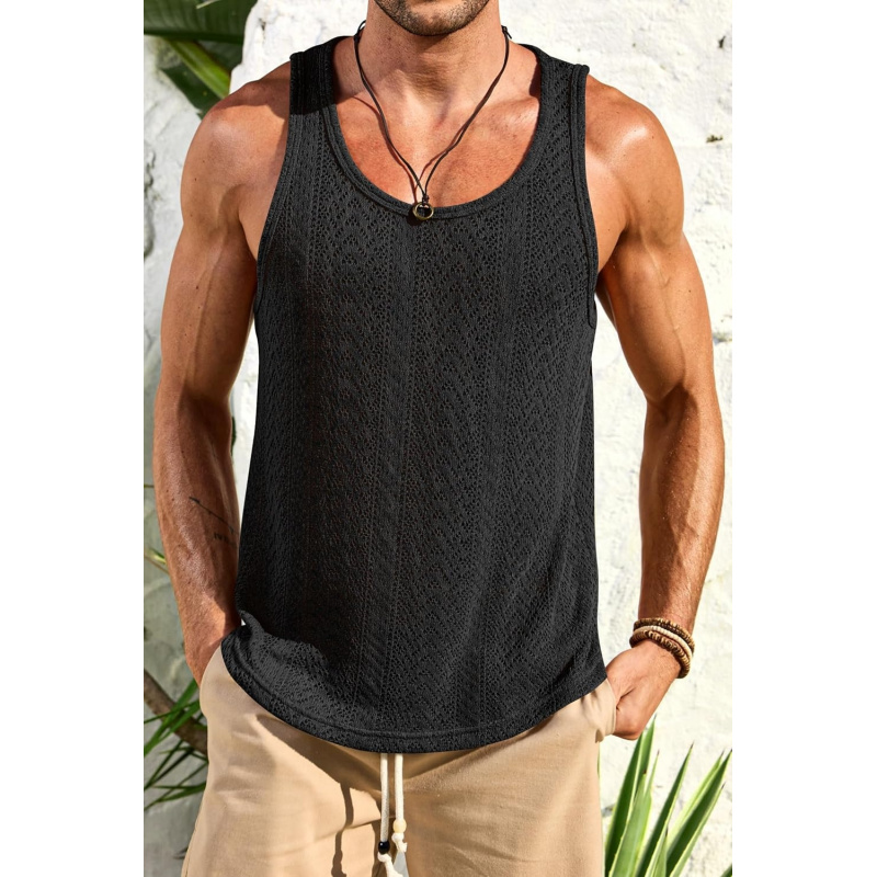 Men Knit Crochet Tank Top Casual Textured Hollow Out Beach Vest(S-XXL)