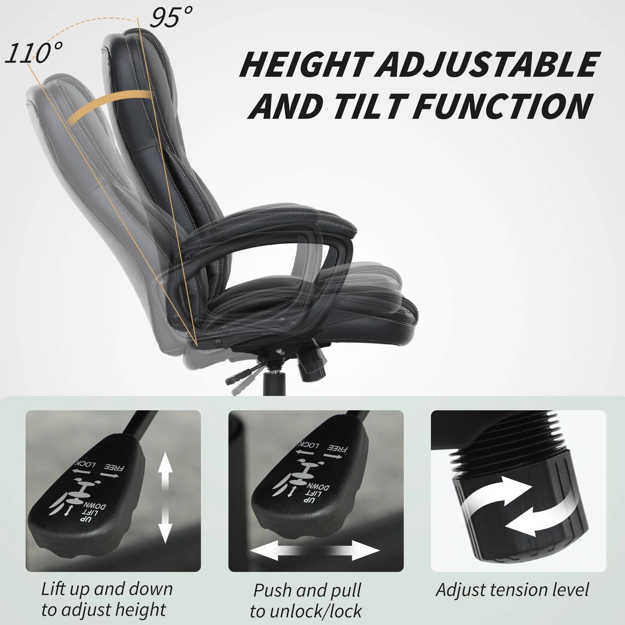 HOMCOM High Back Executive Office Chair, PU Leather Computer Desk Chair with Adjustable Height, Padded Armrests and Swivel Wheels, Black