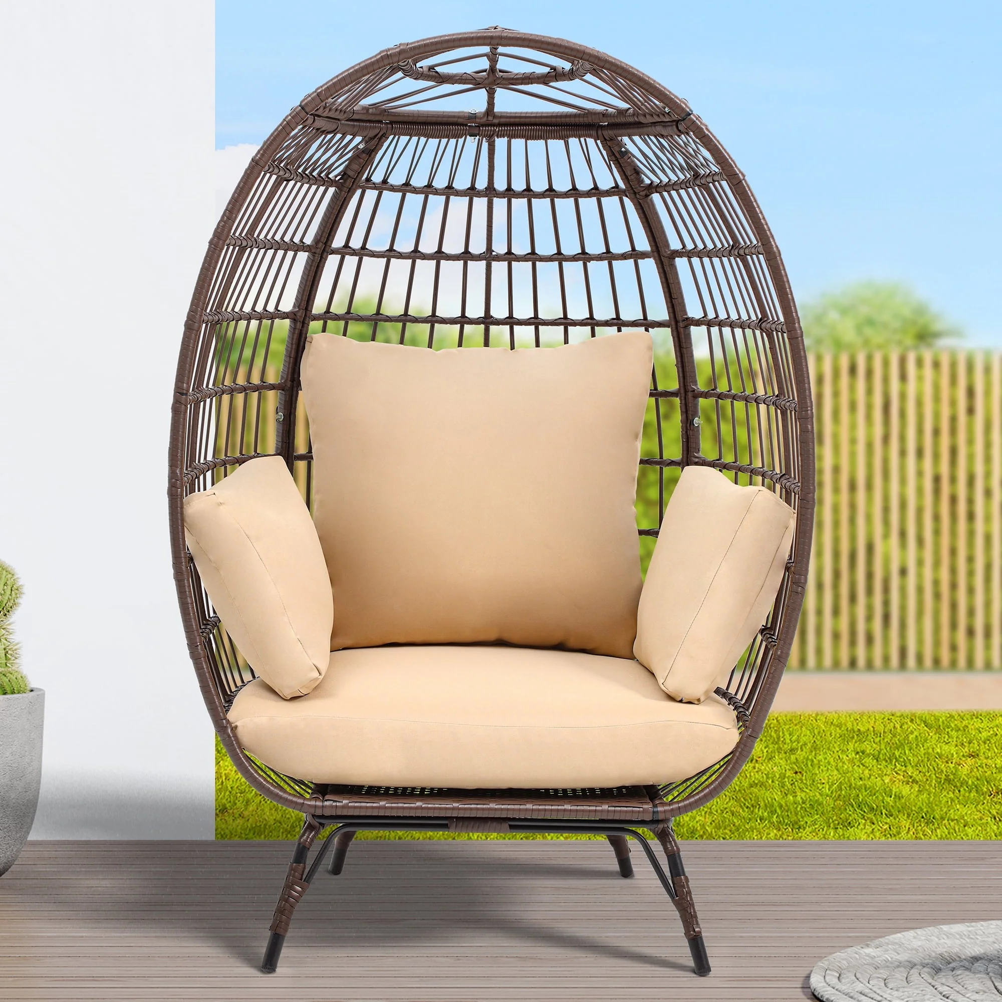 Dextrus Egg Chair Outdoor Egg Lounge Chair with Cushion Wicker Chair PE Rattan Chair for Patio, Garden, Backyard, Porch-Beige