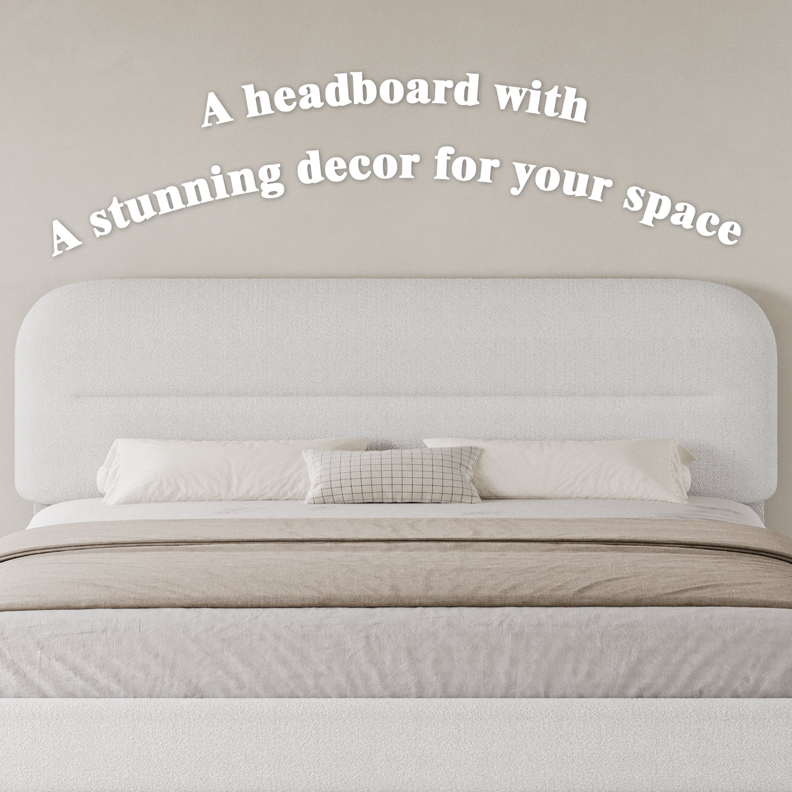 4 EVER WINNER Queen Bed Frame with Headboard, Boucle Upholstered Platform Bed Frame wiith Rounded Corner, Soft Cloud Bed Frame, No Box Spring Needed, White