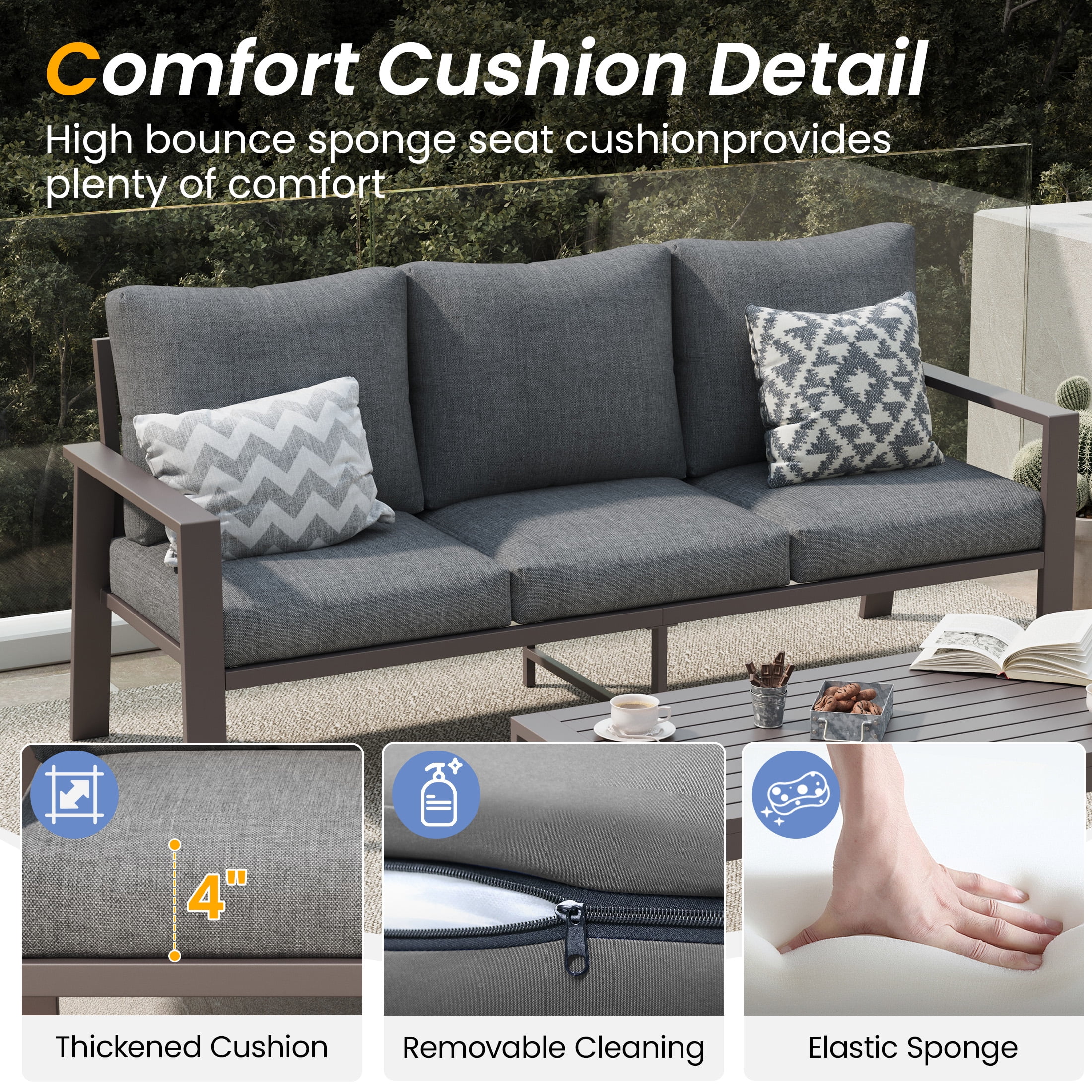 POTEBAN Aluminum Patio Furniture Set, Modern Metal Outdoor Sectional Sofa, Patio Conversation Sets with Side Table for Poolside, courtyard,Blue