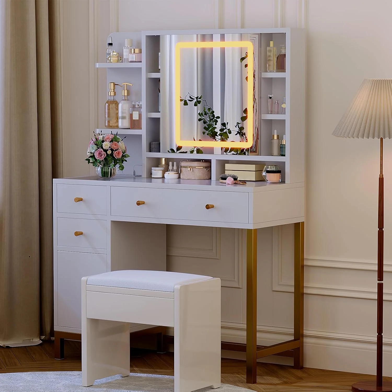 Juiluna Makeup Vanity with Led Lighted Mirror & Power Outlet, 3 Lighting Modes, Brightness Adjustable, Vanity Desk with Acrylic Tabletop & Drawers and Cabinets for Bedroom, White