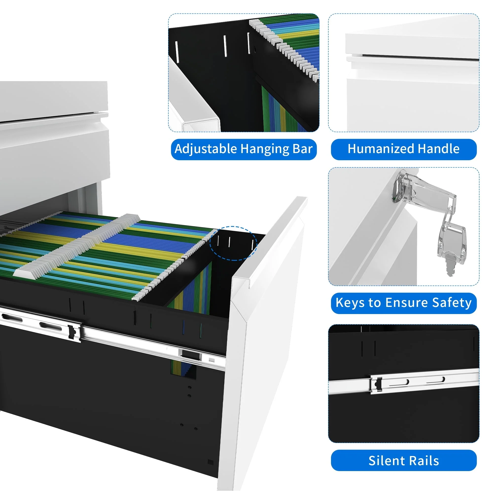 Dextrus 3-Drawer Mobile File Cabinet with Lock, Office Storage Filing Cabinet for Legal/Letter Size, White