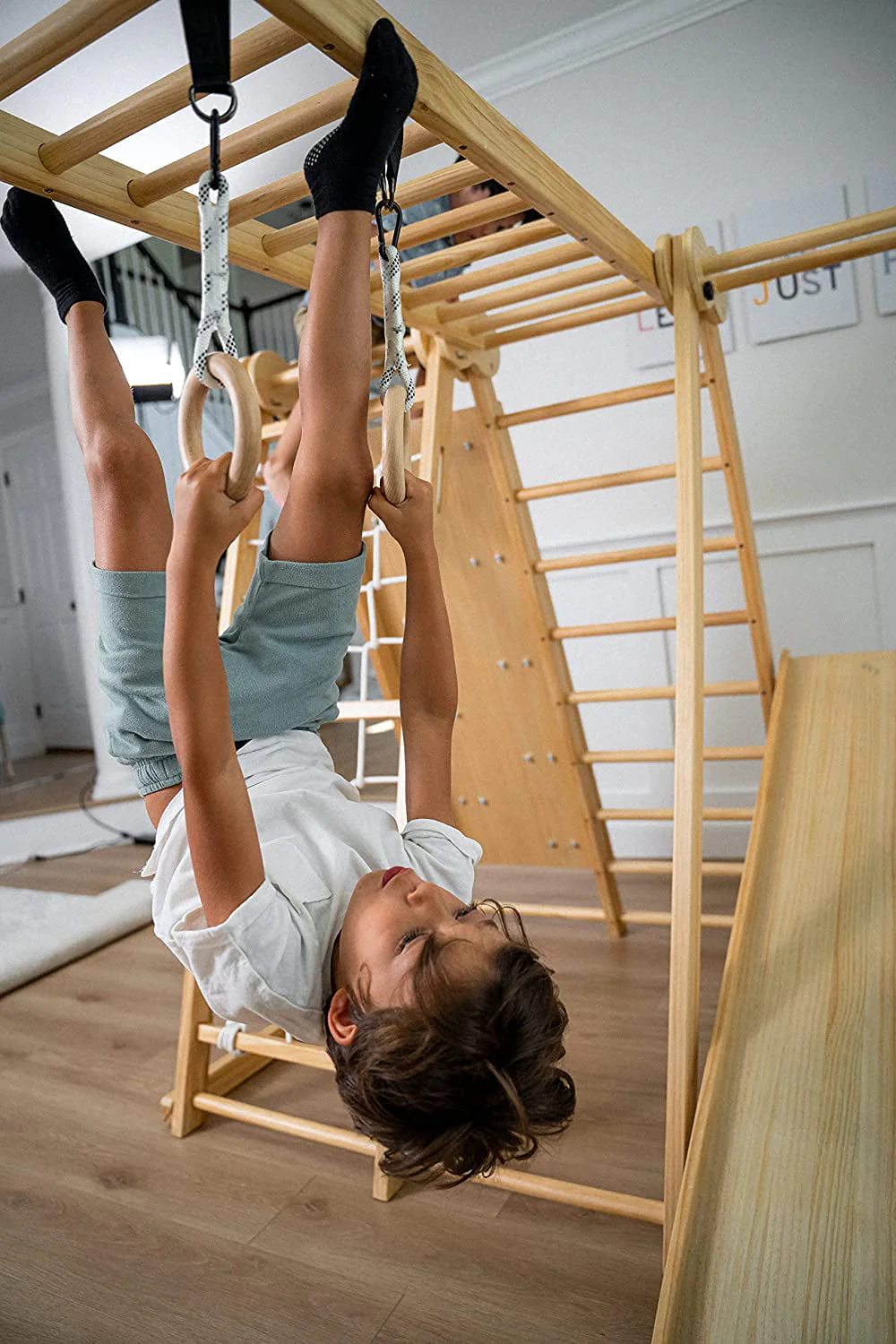 Avenlur Chestnut - The Ultimate Indoor 7-in-1 Playset and Foldable Jungle Gym for Kids Aged 2-8 with Slide, Rock Climb Wall, Climbing Ladder, Rope Net, Monkey Bars, Swing, and Ninja Ring - USA Company