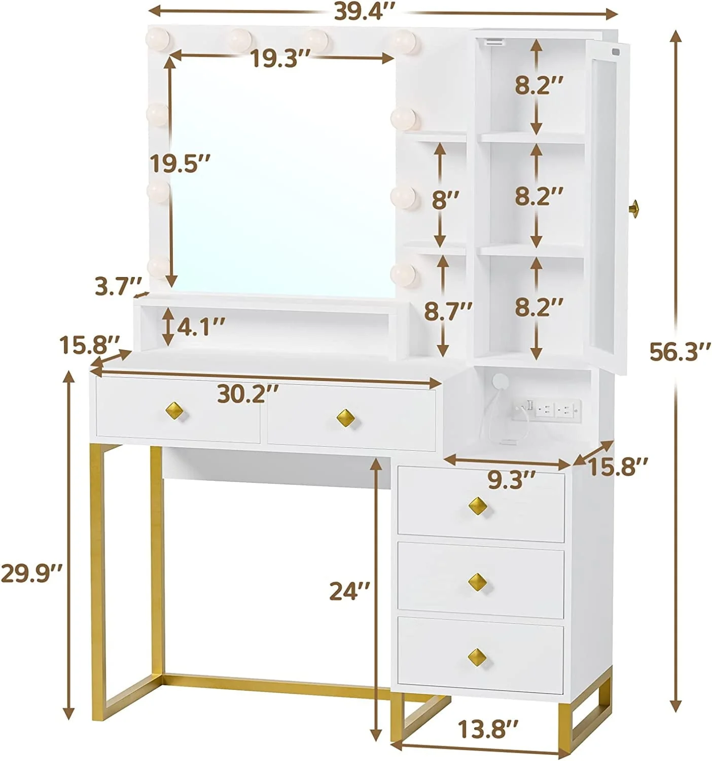 Vanity Desk with LED Lighted Mirror, Makeup Desk with 5 Storage Drawers & 6 Shelves, Vanity Table with Charging Station, Modern Dressing Table with 3 Color Lighting Options, White