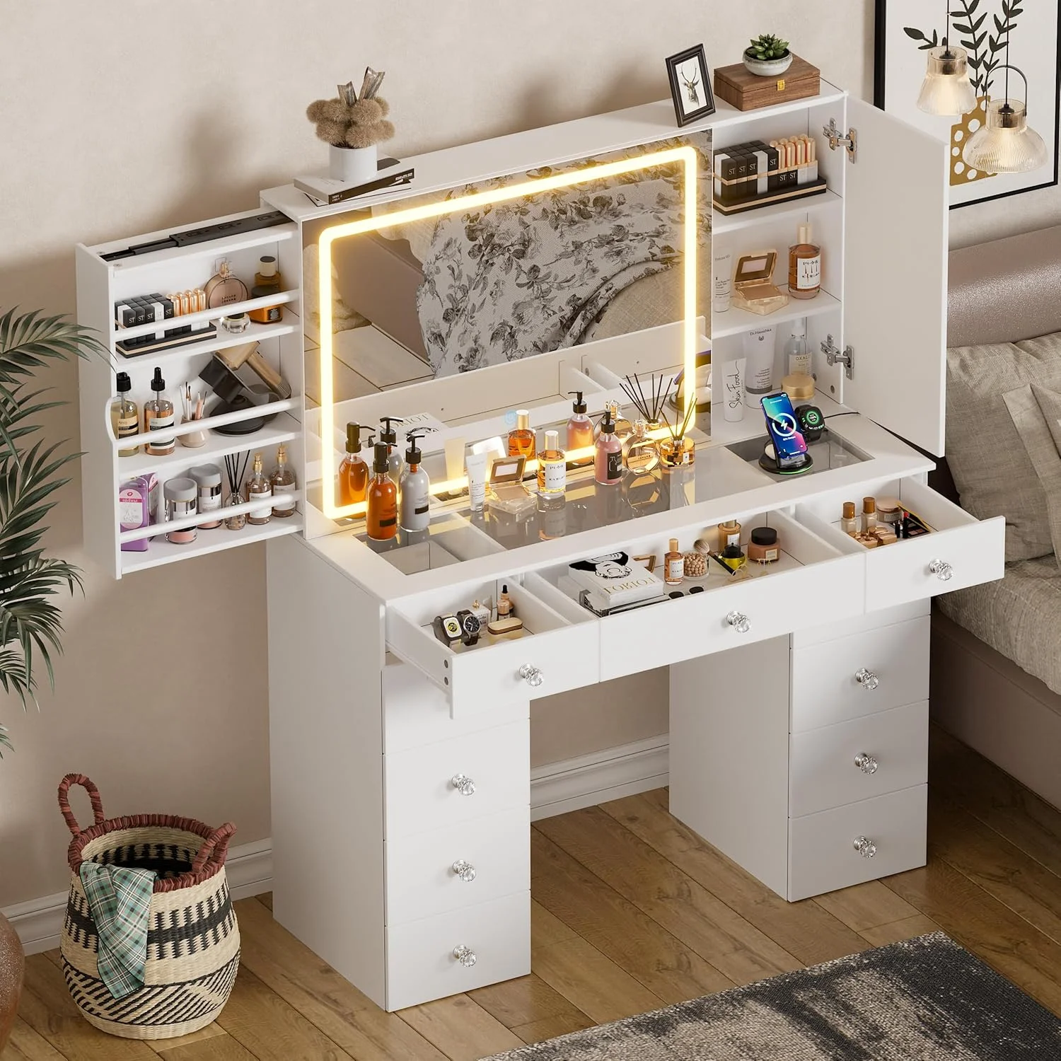 PAKASEPT Vanity Set with Lighted Mirror, Large Vanity Desk with Charging Station, Makeup Vanity Table with 11 Drawers & Hidden Sliding Storage Cabinet & Visible Glass Tabletop for Bedroom (White)