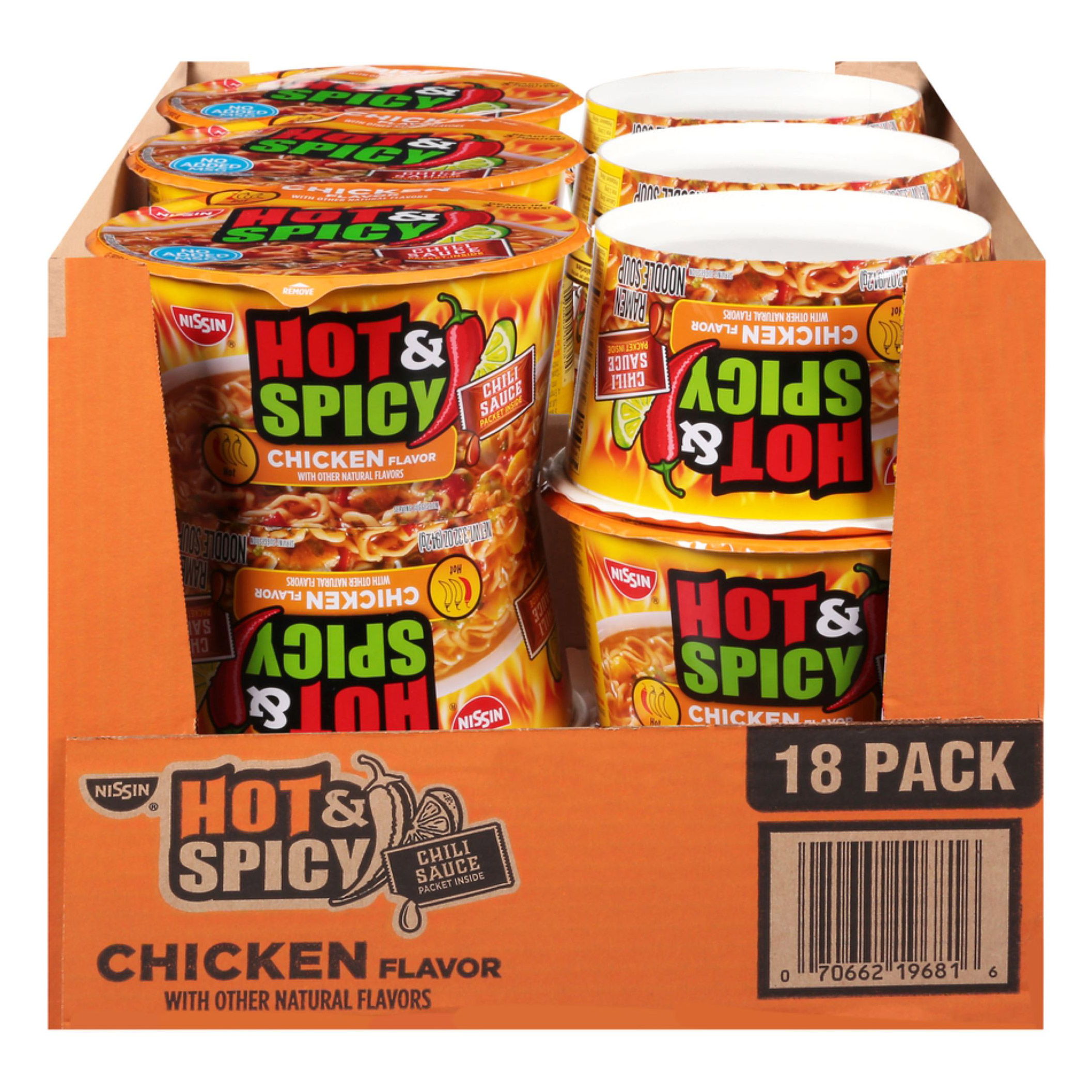Nissin, Hot & Spicy Noodle Bowl, Chicken, 3.32 oz, 18-Count