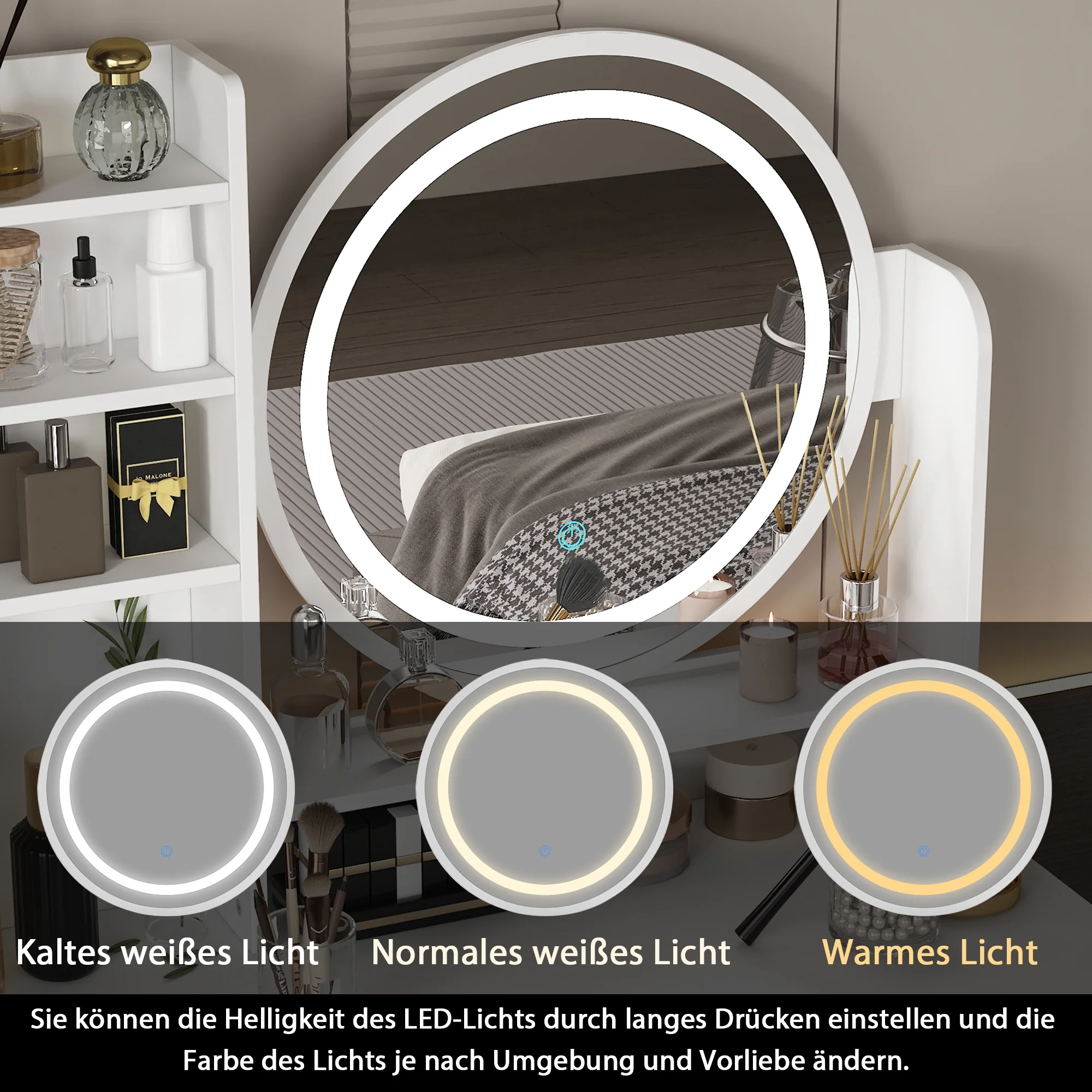 KULAGAGA Vanity Table Set with Light Mirror, Makeup Table with 3 Storage Shelves & 5 Drawers, Dressing Vanity Tables with , Dresser Desk for Girls, Women, White