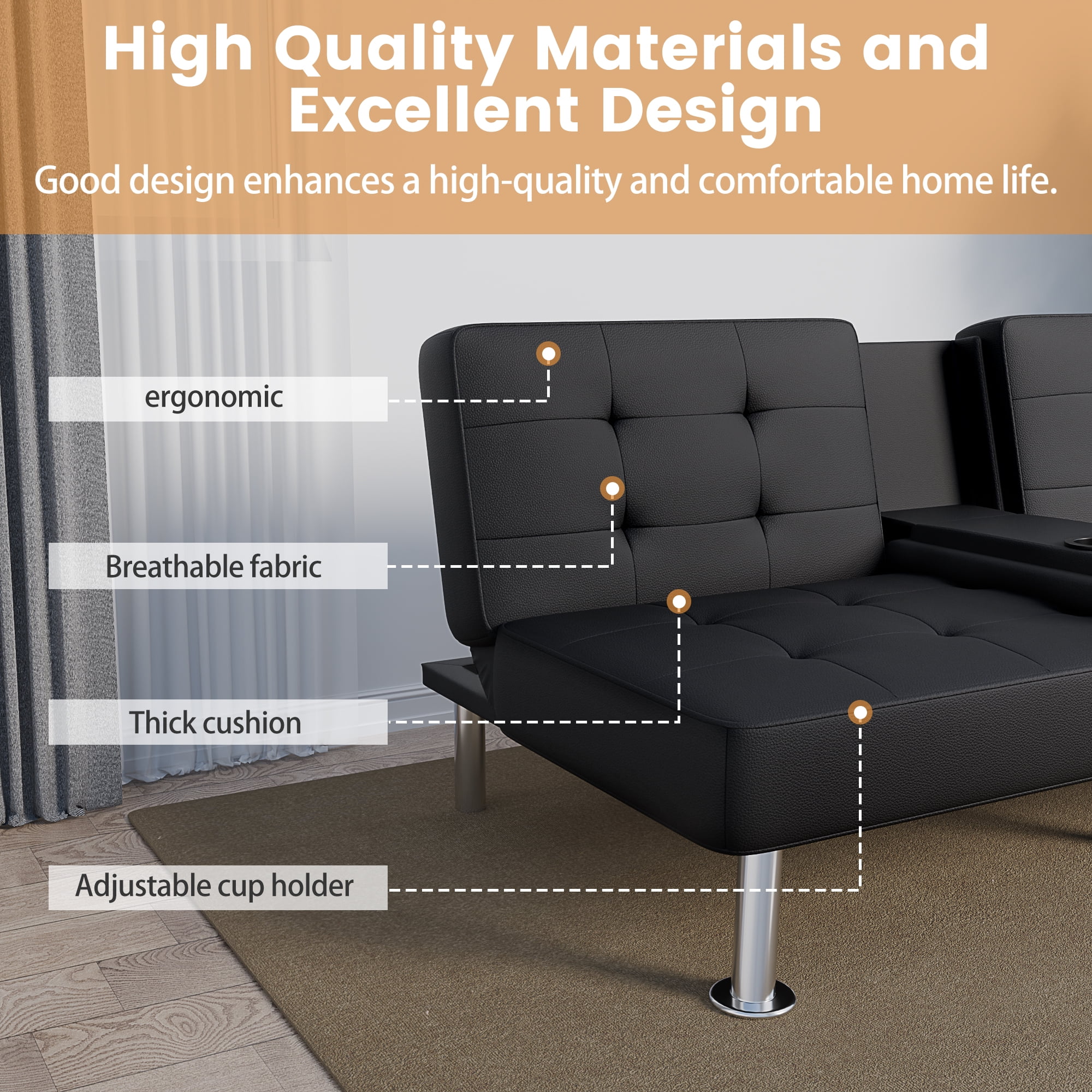 Lumihaven Futon Sofa Bed Folding Leather Modern Couch with 2 Cup Holders,Removable Armrests,Black