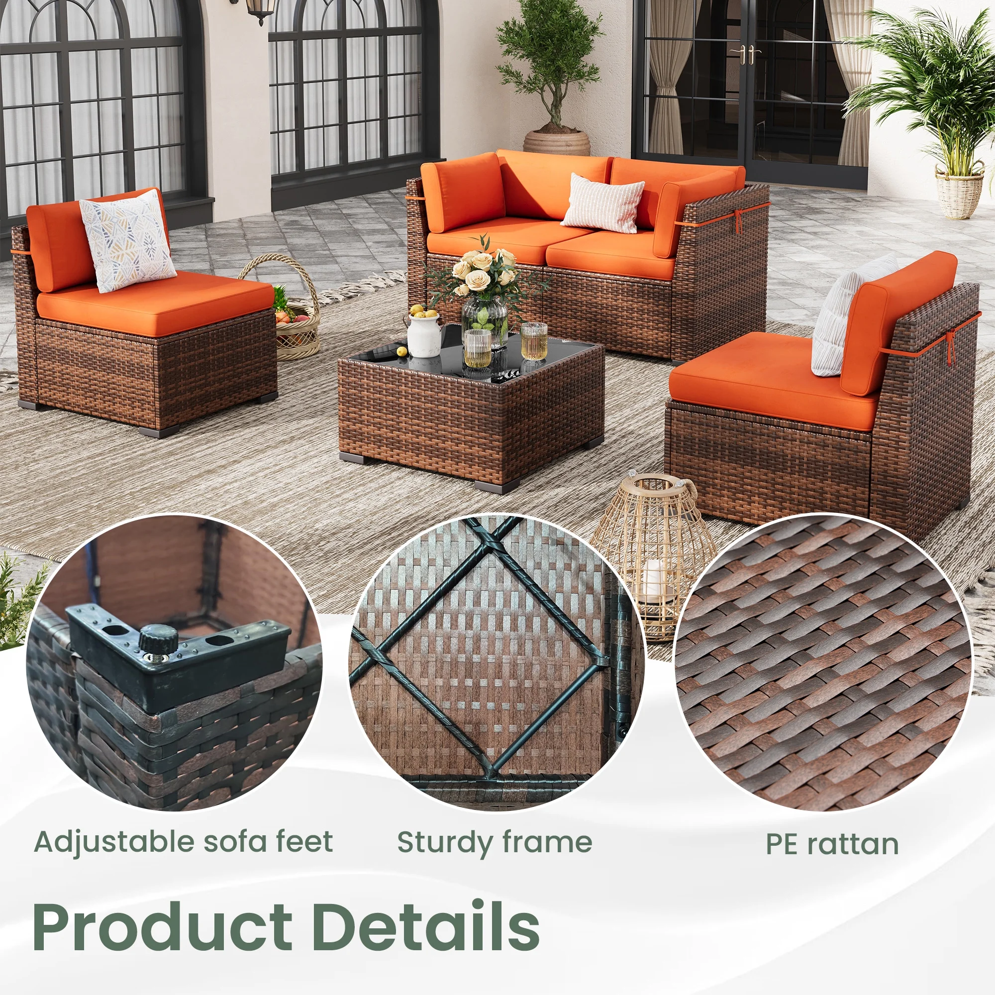 Poteban 7 Pieces Outdoor Sectional Sofa Set , PE Wicker Rattan Slanted Back Outdoor Conversation with Cushions and Glass Coffee Table for Backyard Garden, Dark Gray