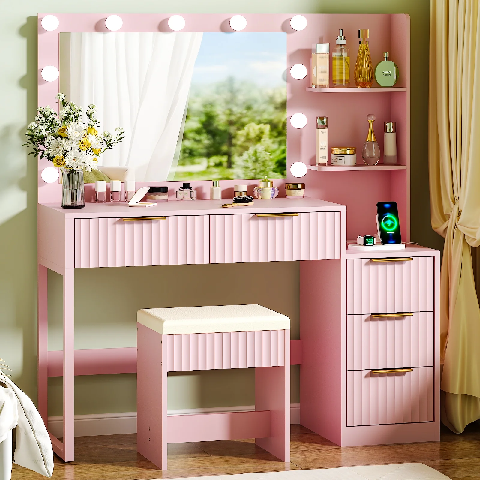 Ktaxon Flutted Makeup Vanity Table Set with 5 Drawer, Dressing Table w/Charging Station, Vanity Desk for Femal Gift, White