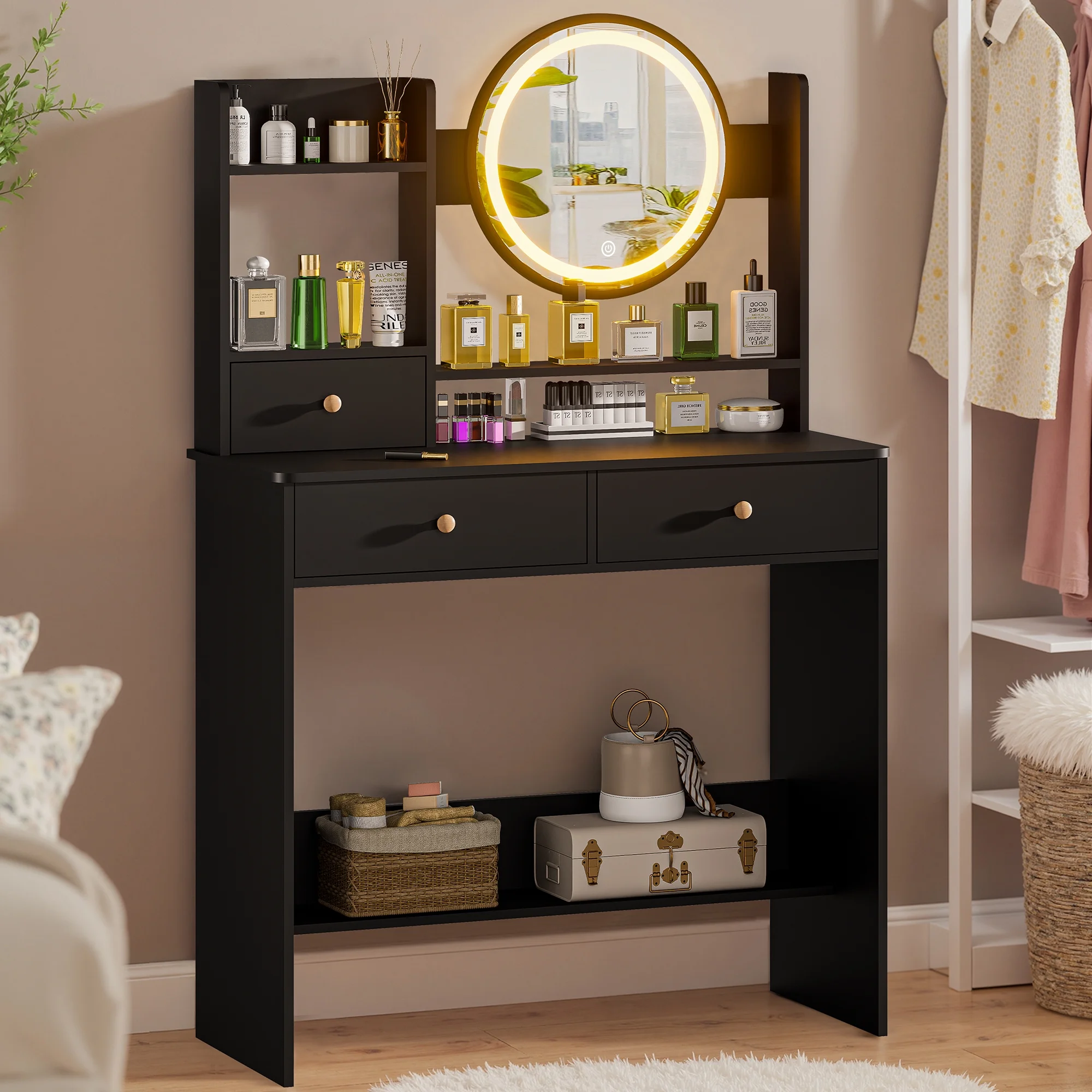 Vanity Desk with LED Lighted Mirror, Makeup Vanity Desk with 3 Drawers & Storage Shelves, 3 Color Modes, Dressing Table for Bedroom, White
