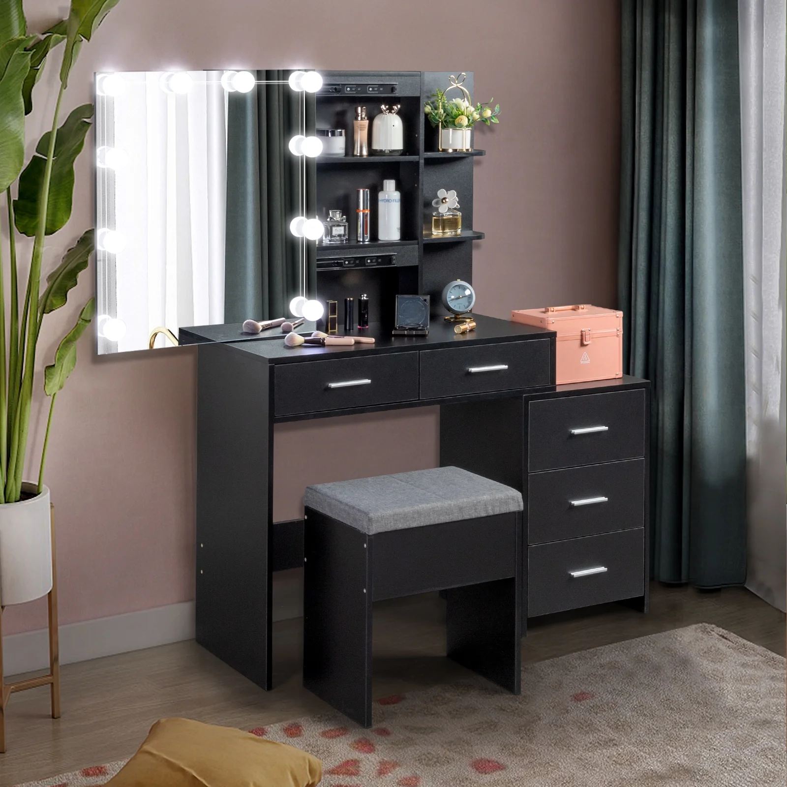 Ktaxon Flutted Makeup Vanity Table Set with 5 Drawer, Dressing Table w/Charging Station, Vanity Desk for Femal Gift, White
