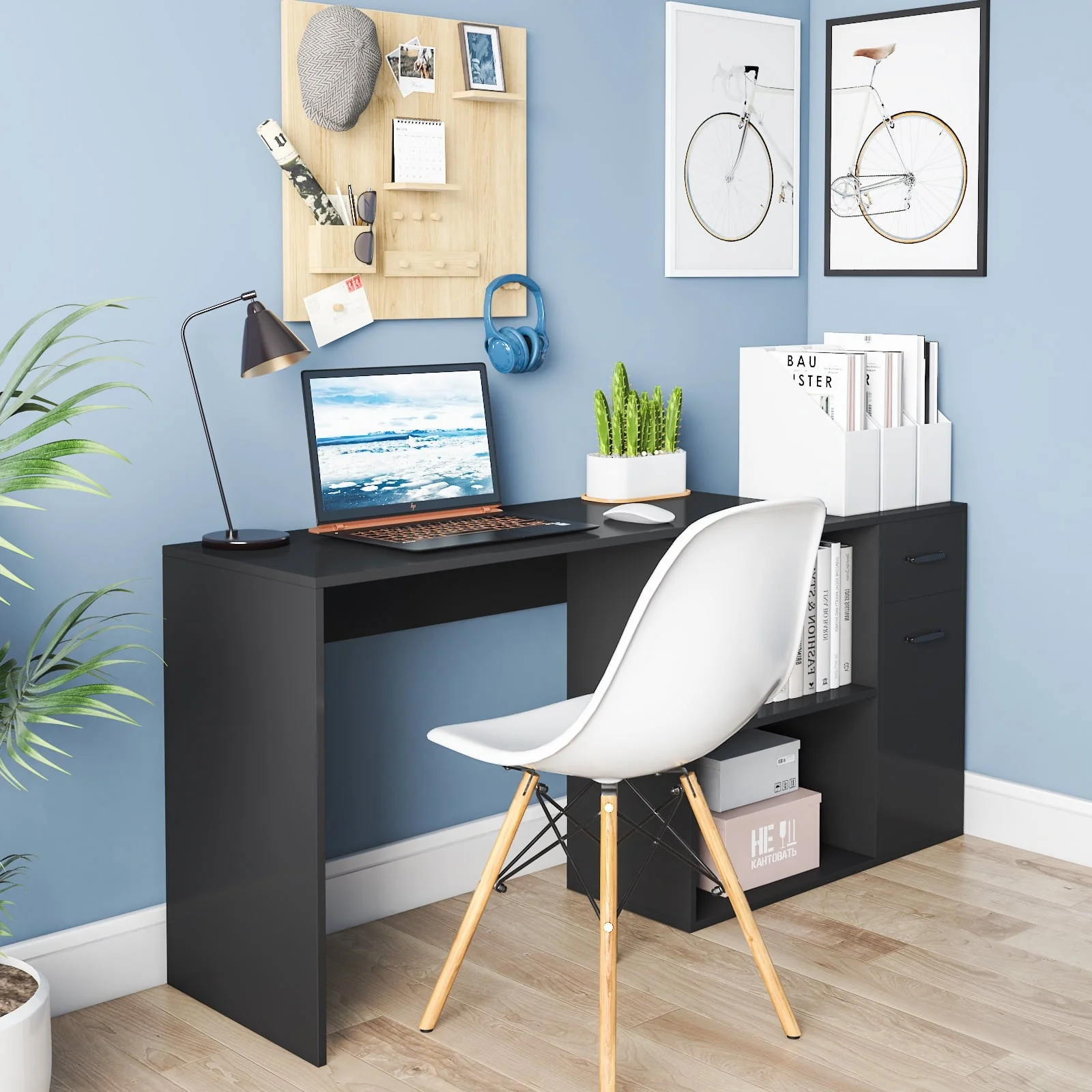 Hoffree 180 Degree Rotating Computer Desk with 2 Open Shelves  68 inch L-Shaped Desk with Drawers & File Cabinet Study Workstation for Home Office & Bedroom, Black/White