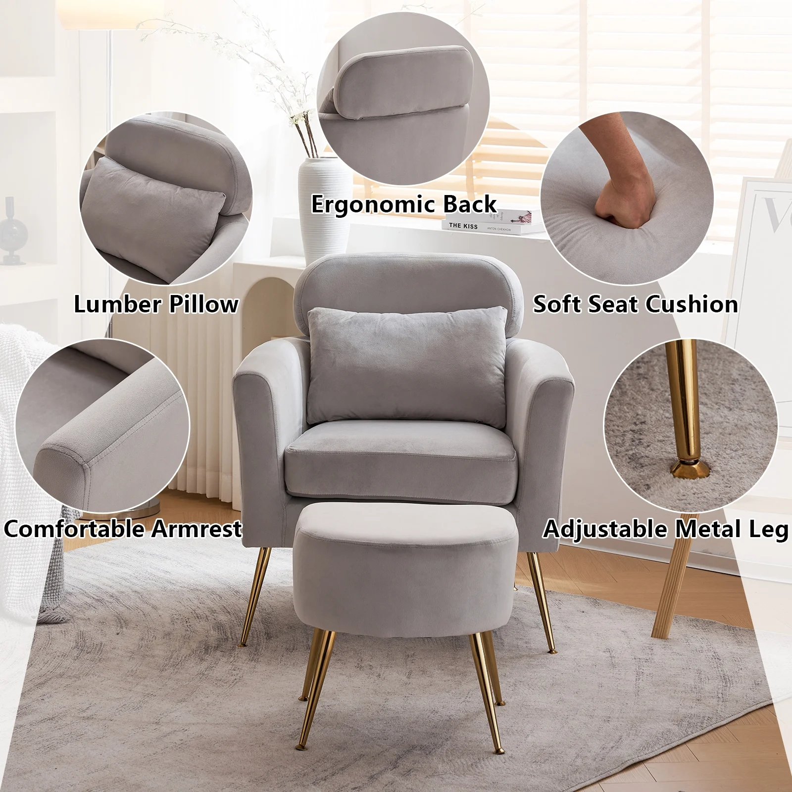 Ktaxon Accent Chair with Ottoman Set, Flannel Upholstered Single Sofa with Lumber Pillow Armchair with Armrests and Footrest for Bedroom Living Reading Room Office Light Gray