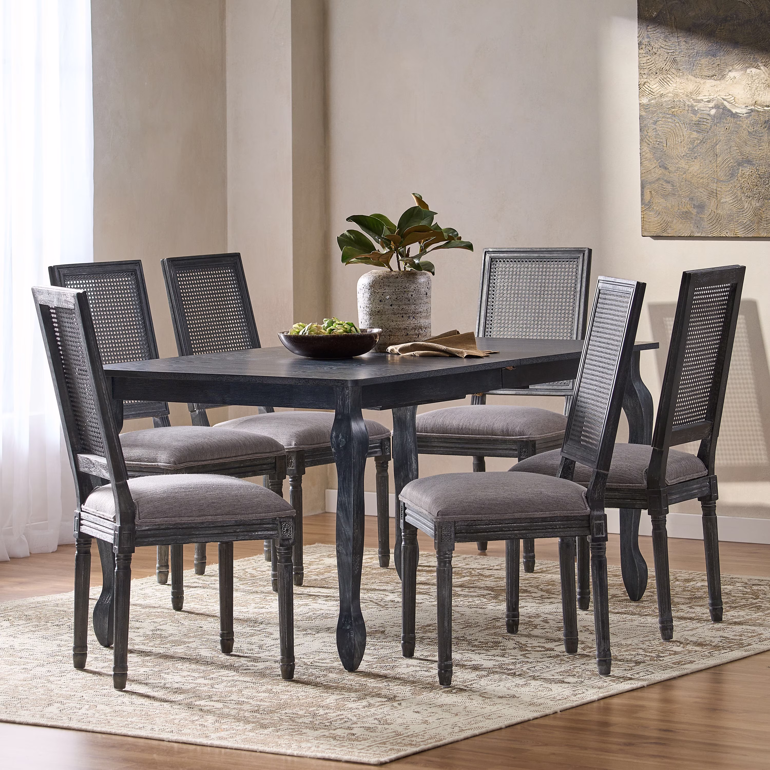 Noble House Fescue Fabric Upholstered Wood and Cane Expandable 7 Piece Dining Set, Gray and Black