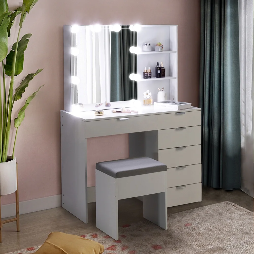 Resenkos Vanity Set with Mirror and 10LED Lights Makeup Vanity Desk Chair with 6 Drawers White