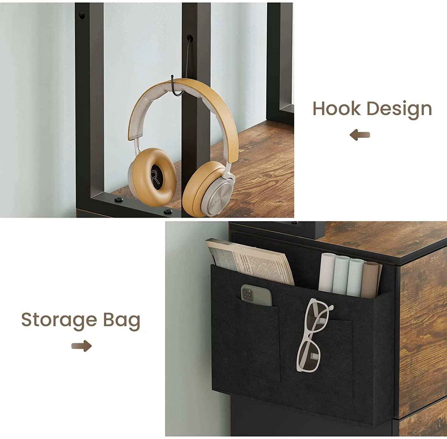 2 Drawer File Cabinet with Lock&Storage Bag,Rustic Home Office Filing Cabinets with Adjustable Storage Shelf,Brown