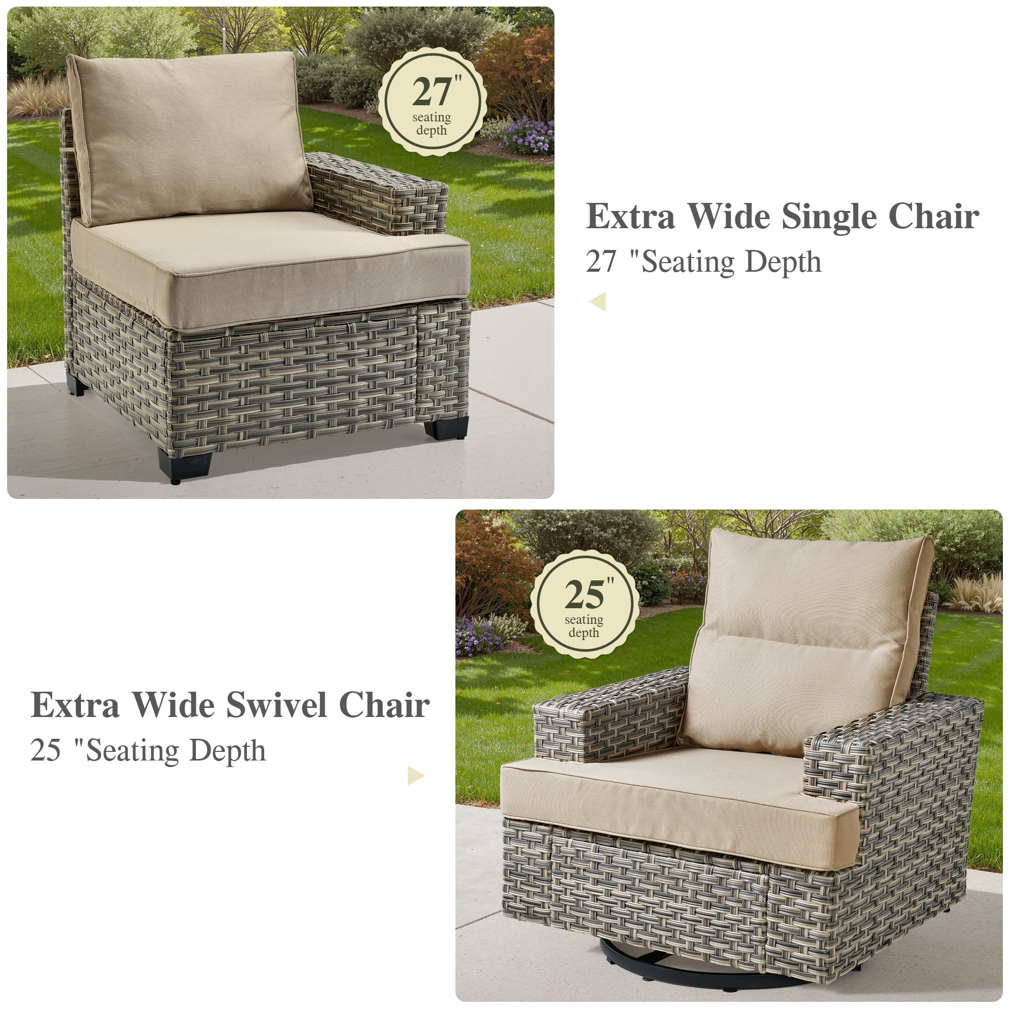 Ovios 10 Pieces Outdoor Patio Furniture Modern High-Back All-Weather Wicker Sectional Conversation Set with Propane Fire Pit Table & Swivel Chair, Dark Gray