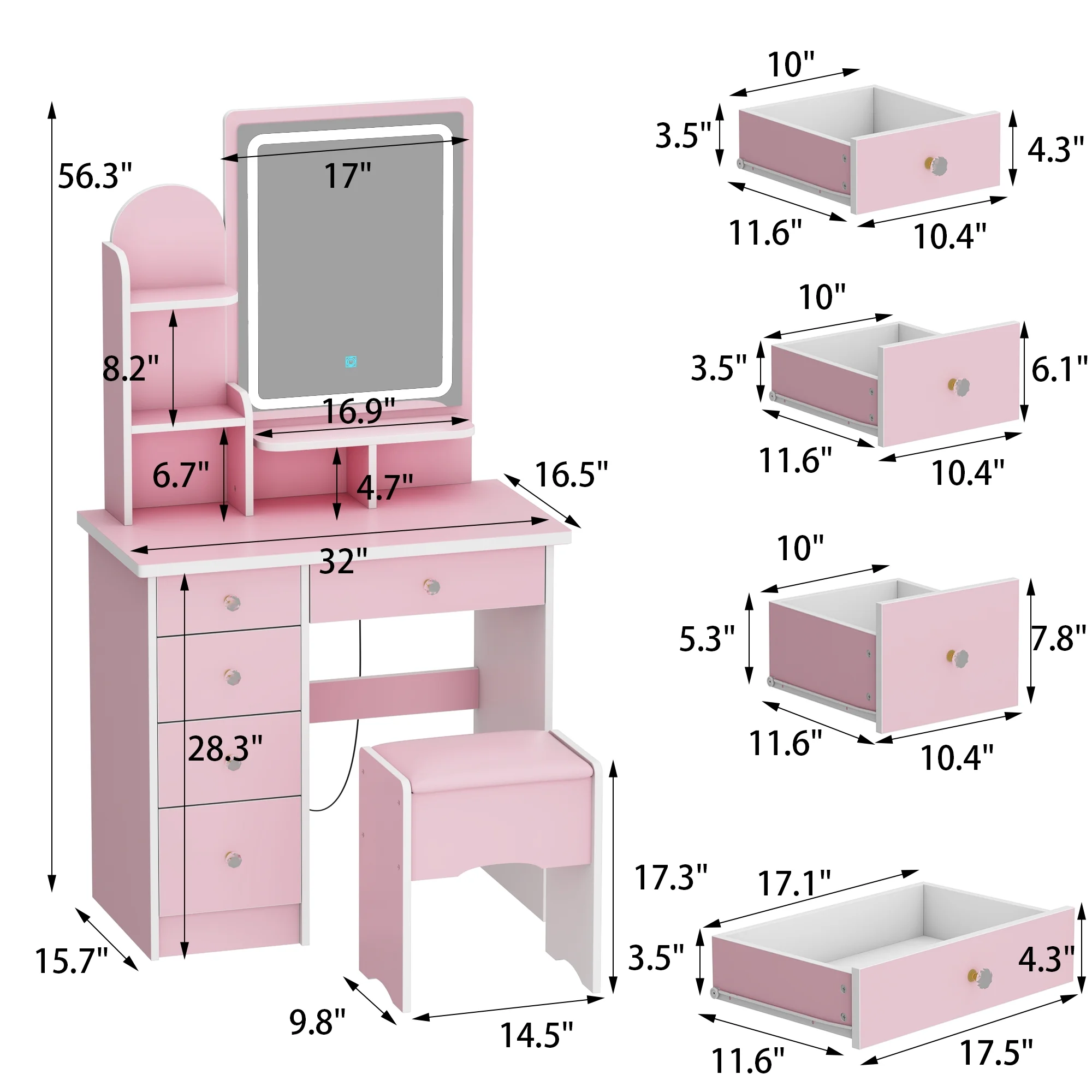 MONSLIPA Makeup Vanity Desk Set w/ Light, Sturdy Dressing Vanity Table with Bench, Shelves & Drawers