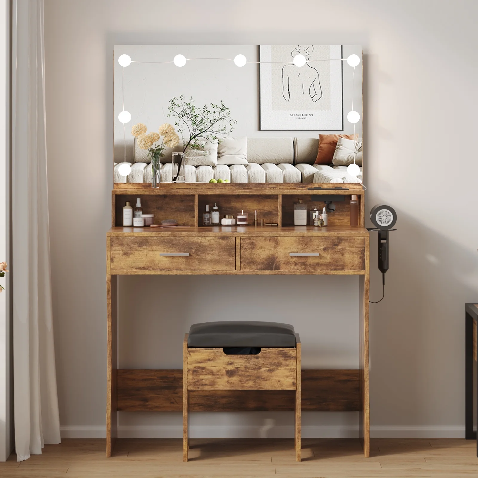 Modern Vanity Table Set with Lighted Mirror,Makeup Table with 2 Drawers & Power Strip,Dresser Desk for Girls, Women, White