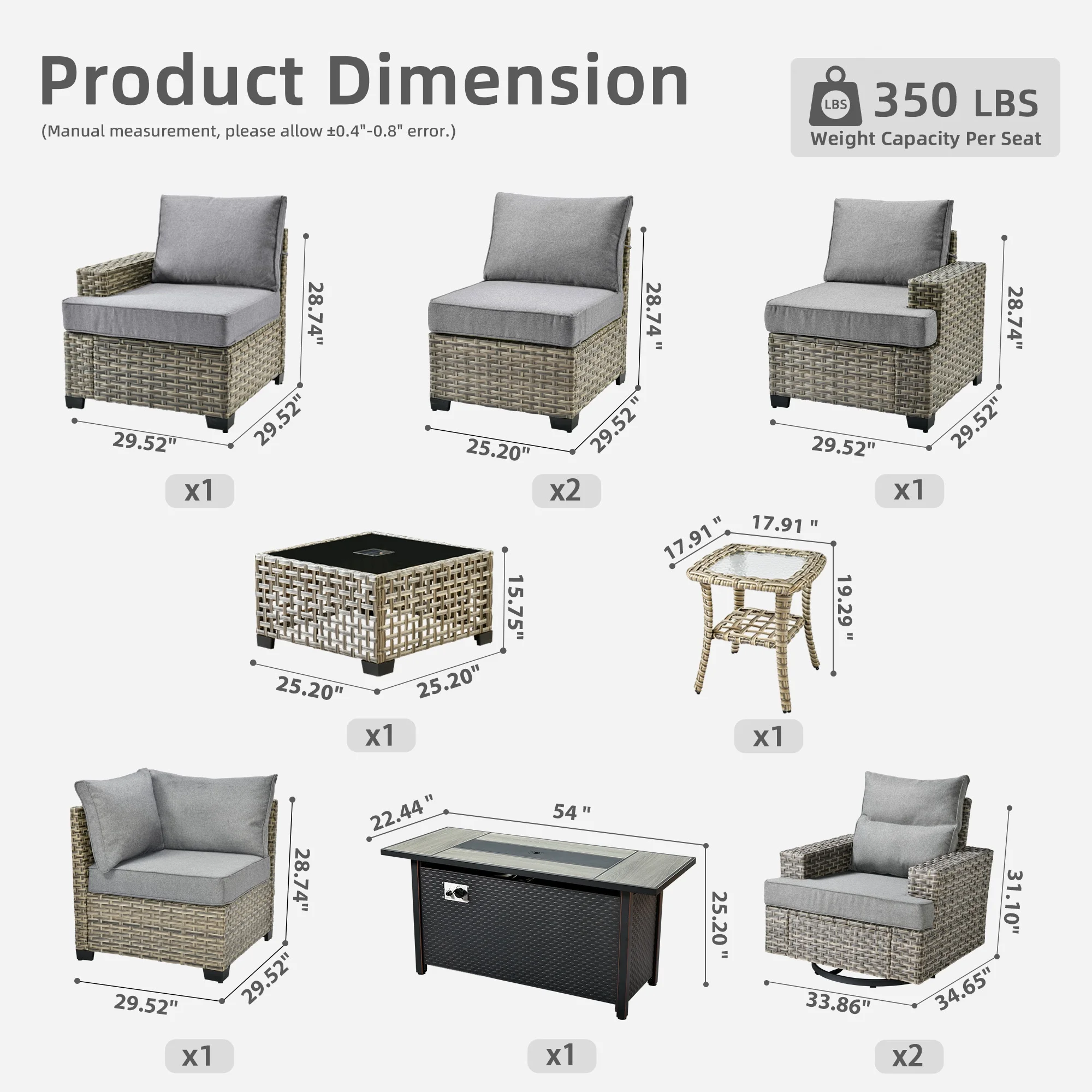 Ovios 10 Pieces Outdoor Patio Furniture Modern High-Back All-Weather Wicker Sectional Conversation Set with Propane Fire Pit Table & Swivel Chair, Dark Gray