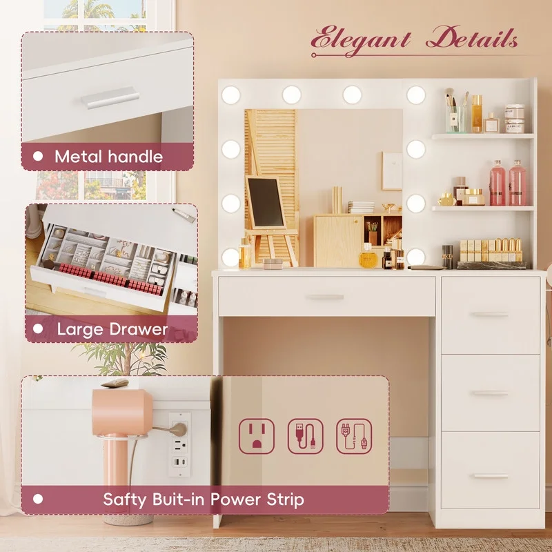 Lacoo Vanity Desk with Mirror and LED Lights, Makeup Vanity with 7 Drawers & 4 Shelves, Vanity Table with Power Outlet for Bedroom Dressing Room, White