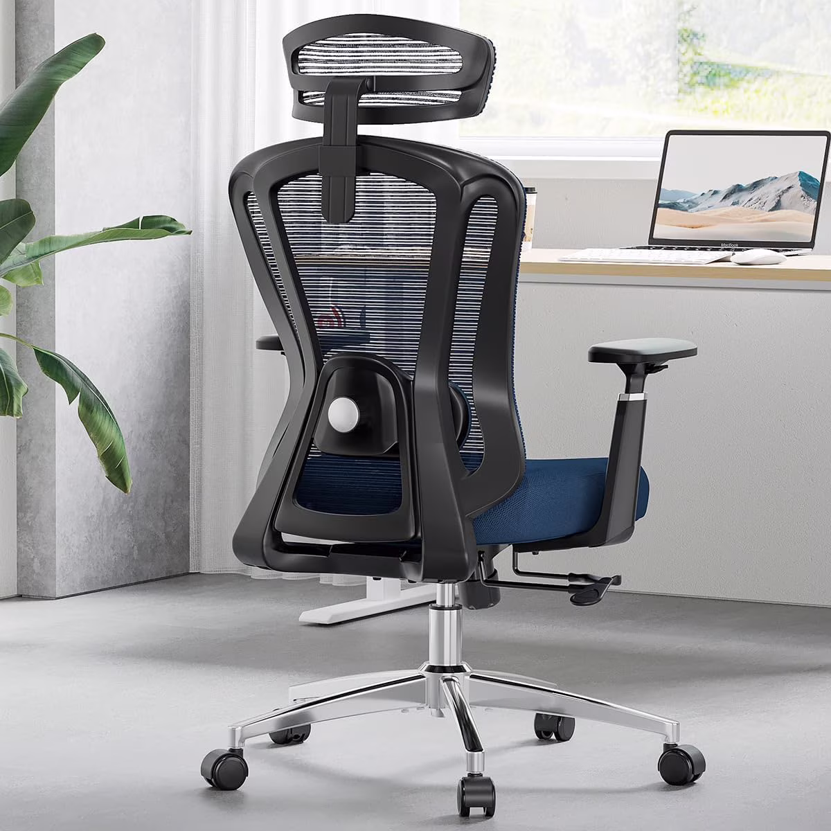 STARY Ergonomic Office Chair with Footrest, High Back Mesh Desk Chair with Adjustable Headrest & Lumbar Support, Comfortable Computer Chair for Home Office Study, White & Beige