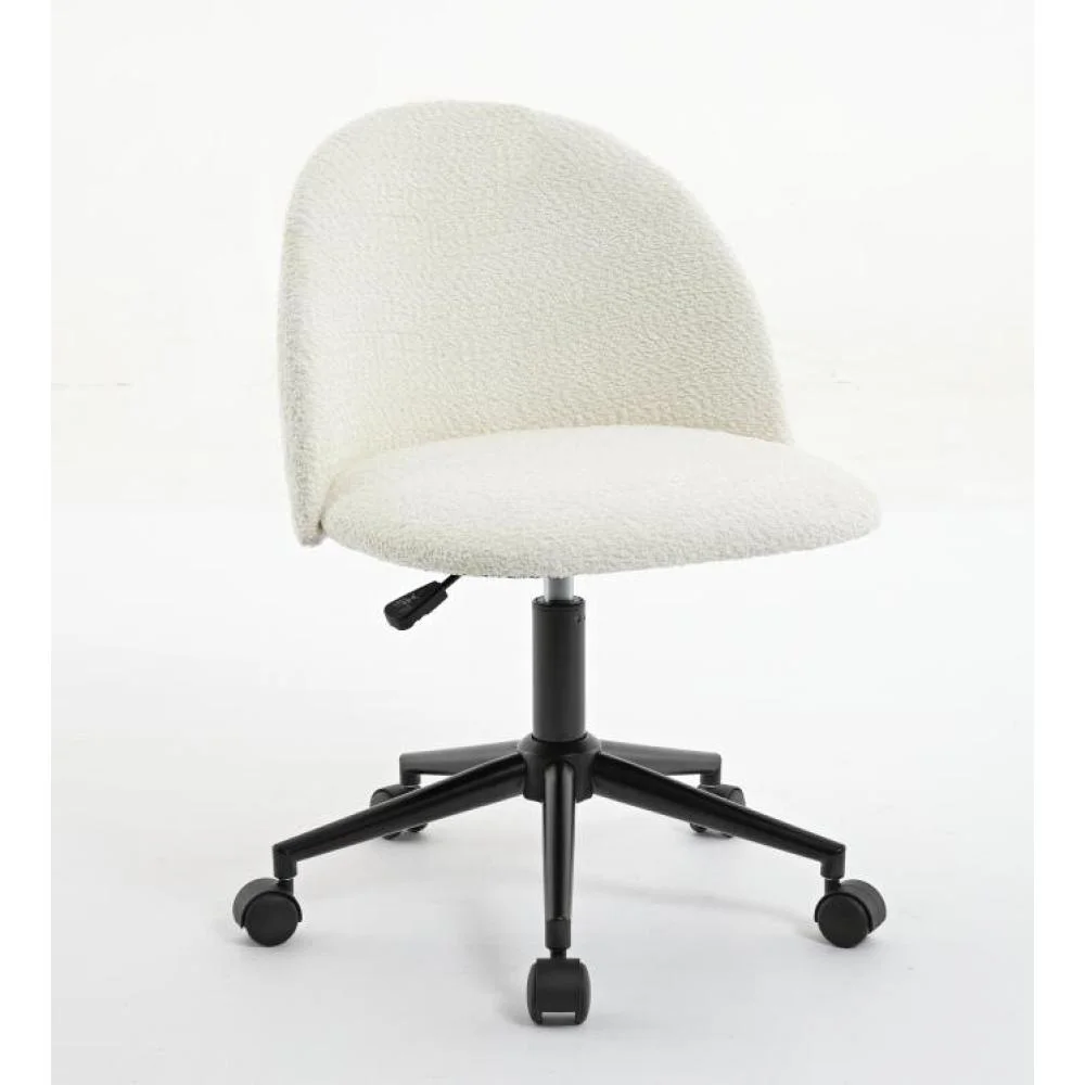 Modern Upholstered Desk Chair with Wheels, Mid-Back Adjustable Swivel Computer Chair with Black Legs, White