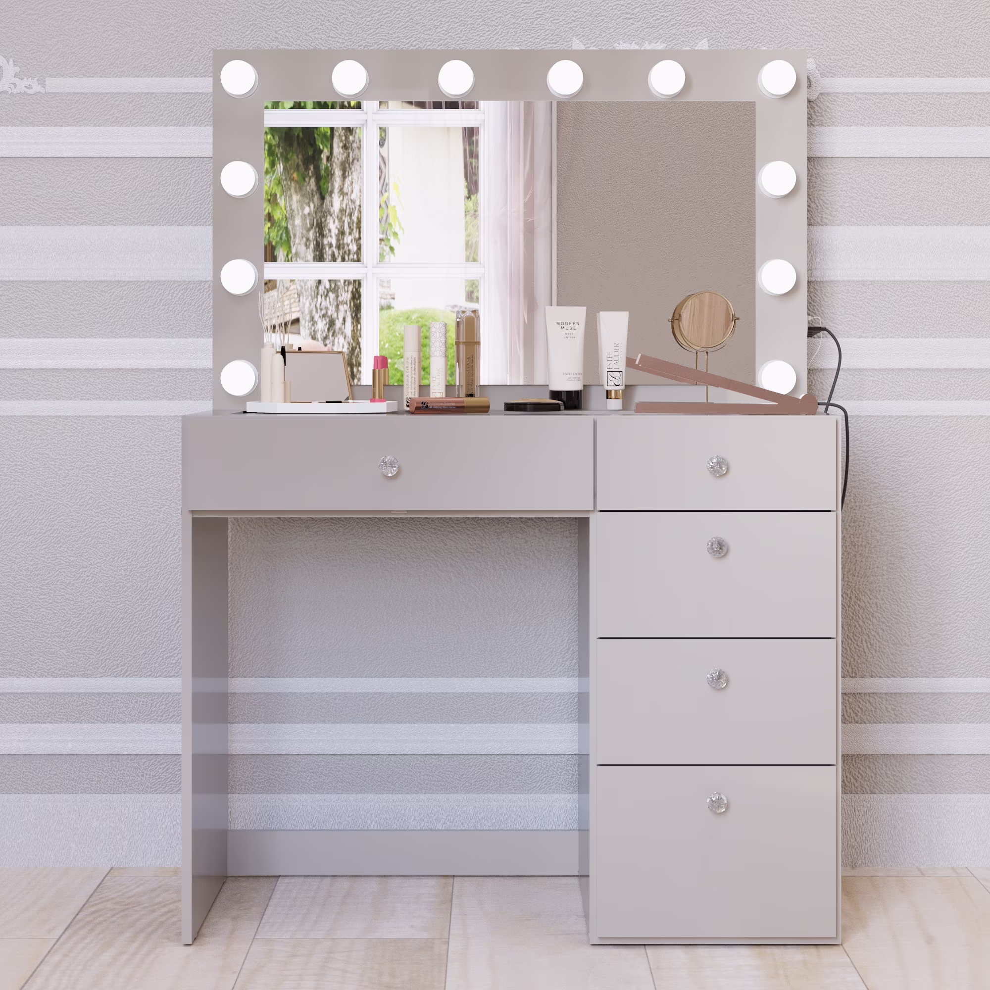 Boahaus Alana White Vanity Desk with LED Lighted Mirror, 5 Drawers, Jewelry Divider, Bluetooth Speakers, and Charging Station