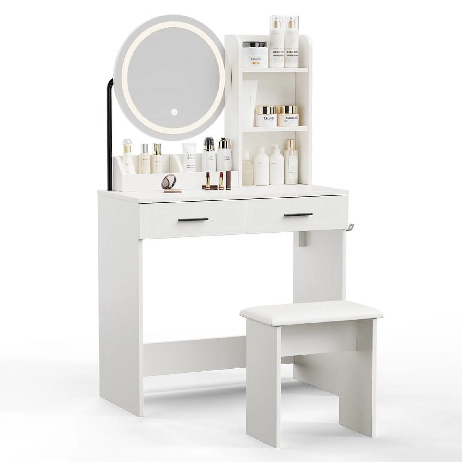 Vanity Desk with Chair, White Makeup Desk Set with Mirror & LED Lights, Vanity Table with Power Strip, 2 Drawers, 4 Shelves